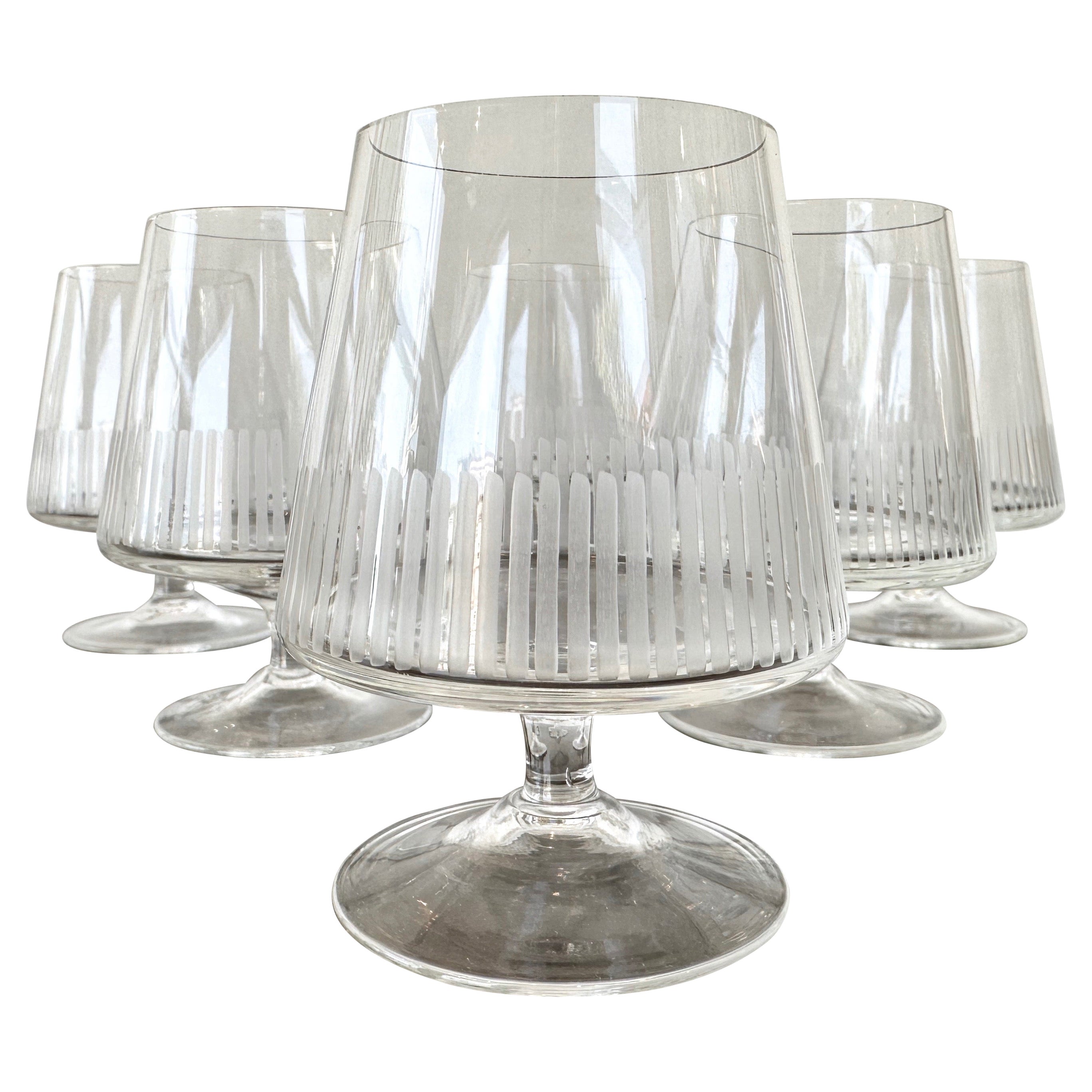Set of Six Vintage Atlantis Etched Crystal Balloon Glasses, 1950s For Sale