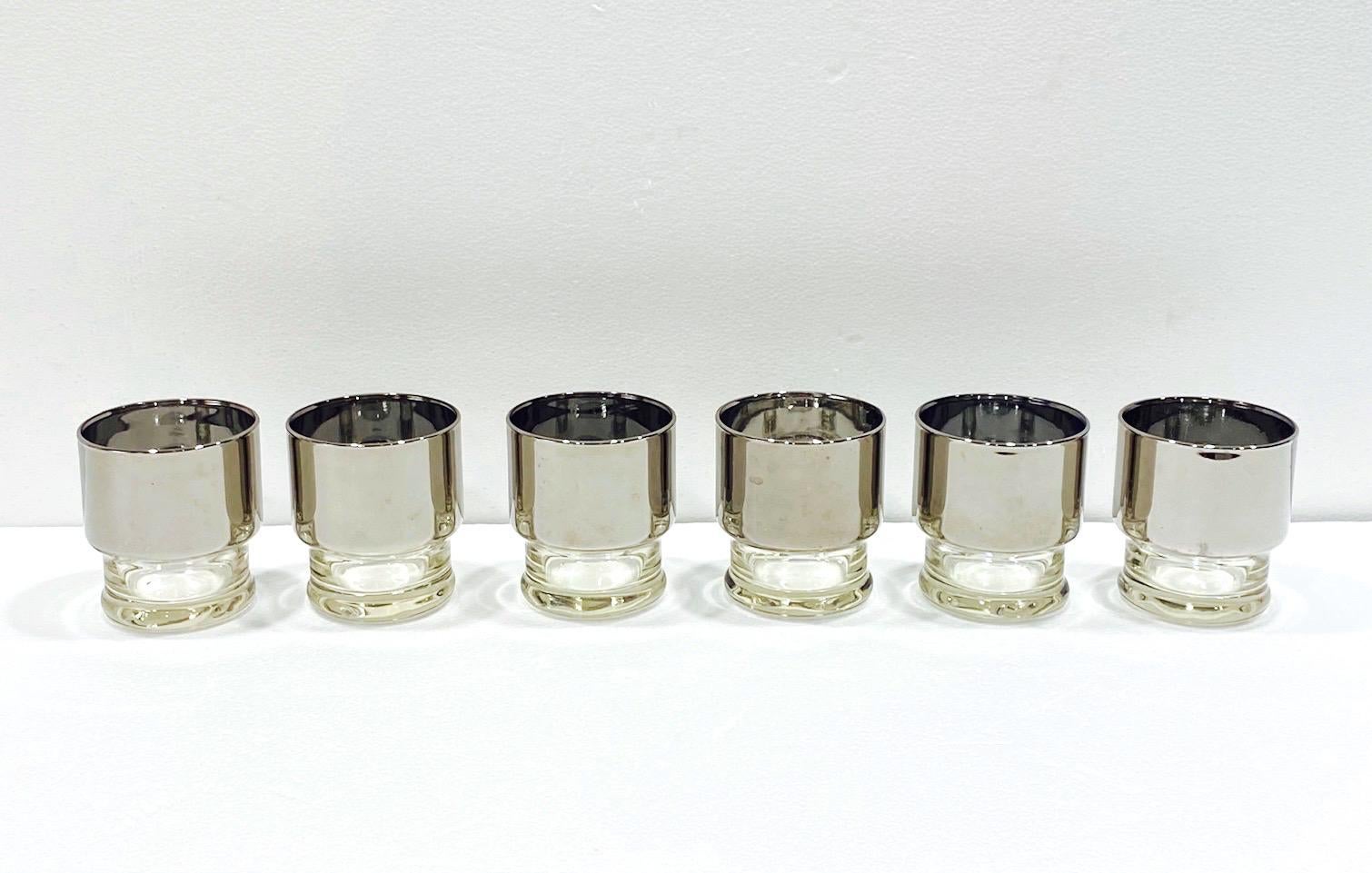 Hand-Crafted Set of Six Mid-Century Modern Silvered and Crystal Barware Glasses, c. 1960s