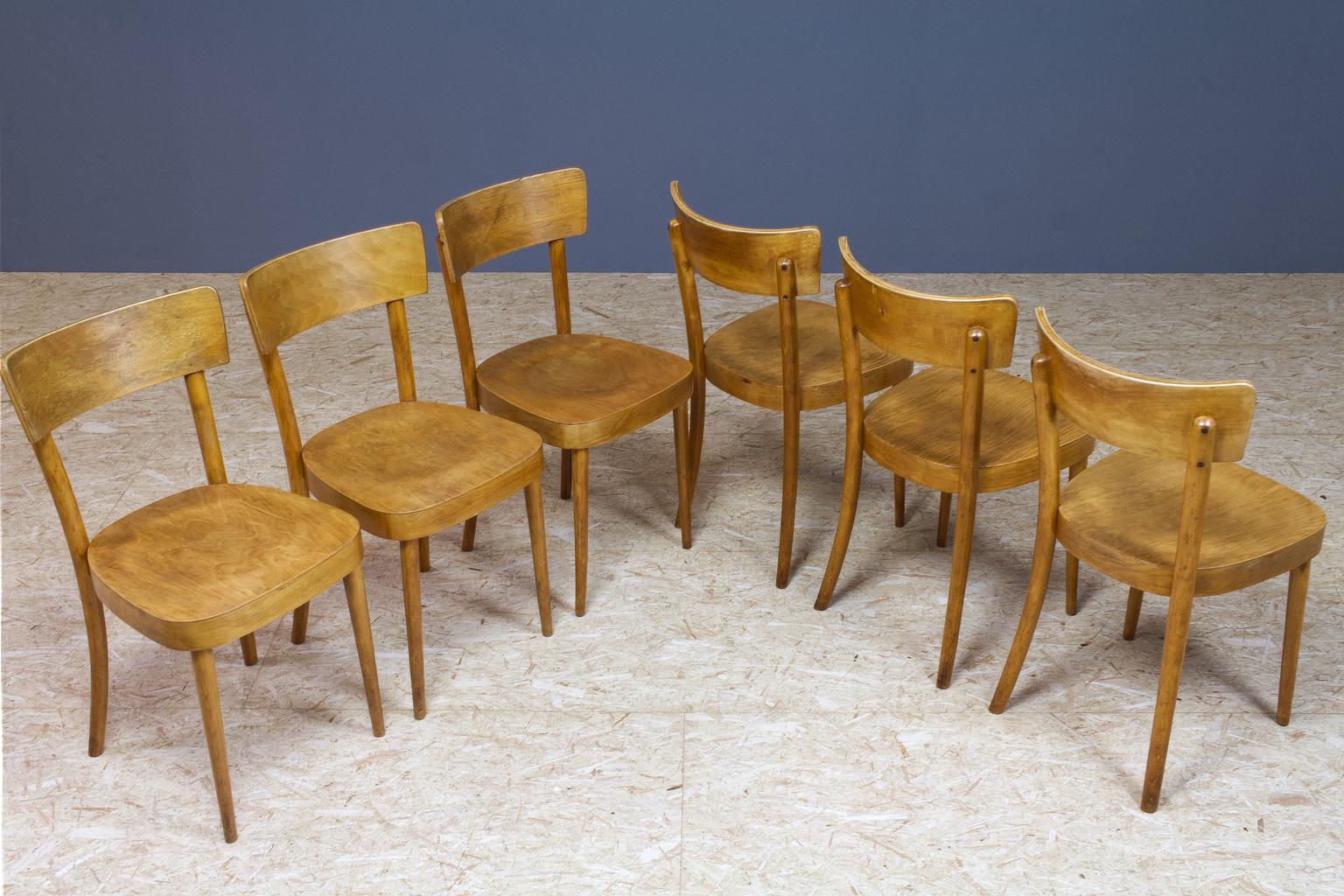 Set of Six Vintage Bistro Set in Birch Plywood Dining Chairs in Style of Thonet 3