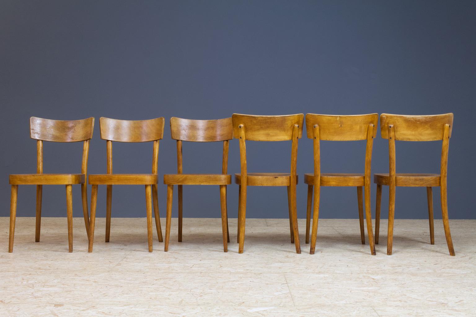 Mid-Century Modern Set of Six Vintage Bistro Set in Birch Plywood Dining Chairs in Style of Thonet