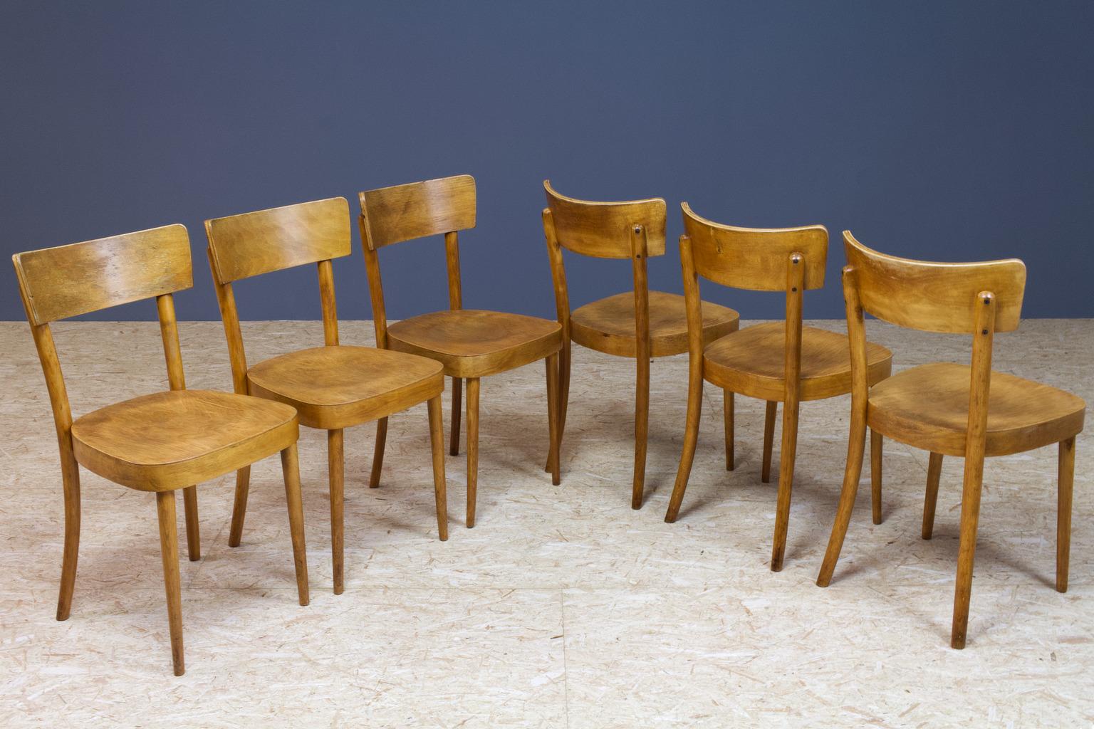 Czech Set of Six Vintage Bistro Set in Birch Plywood Dining Chairs in Style of Thonet