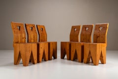 Set of Six Vintage Brutalist Pinewood Chairs, 1970s