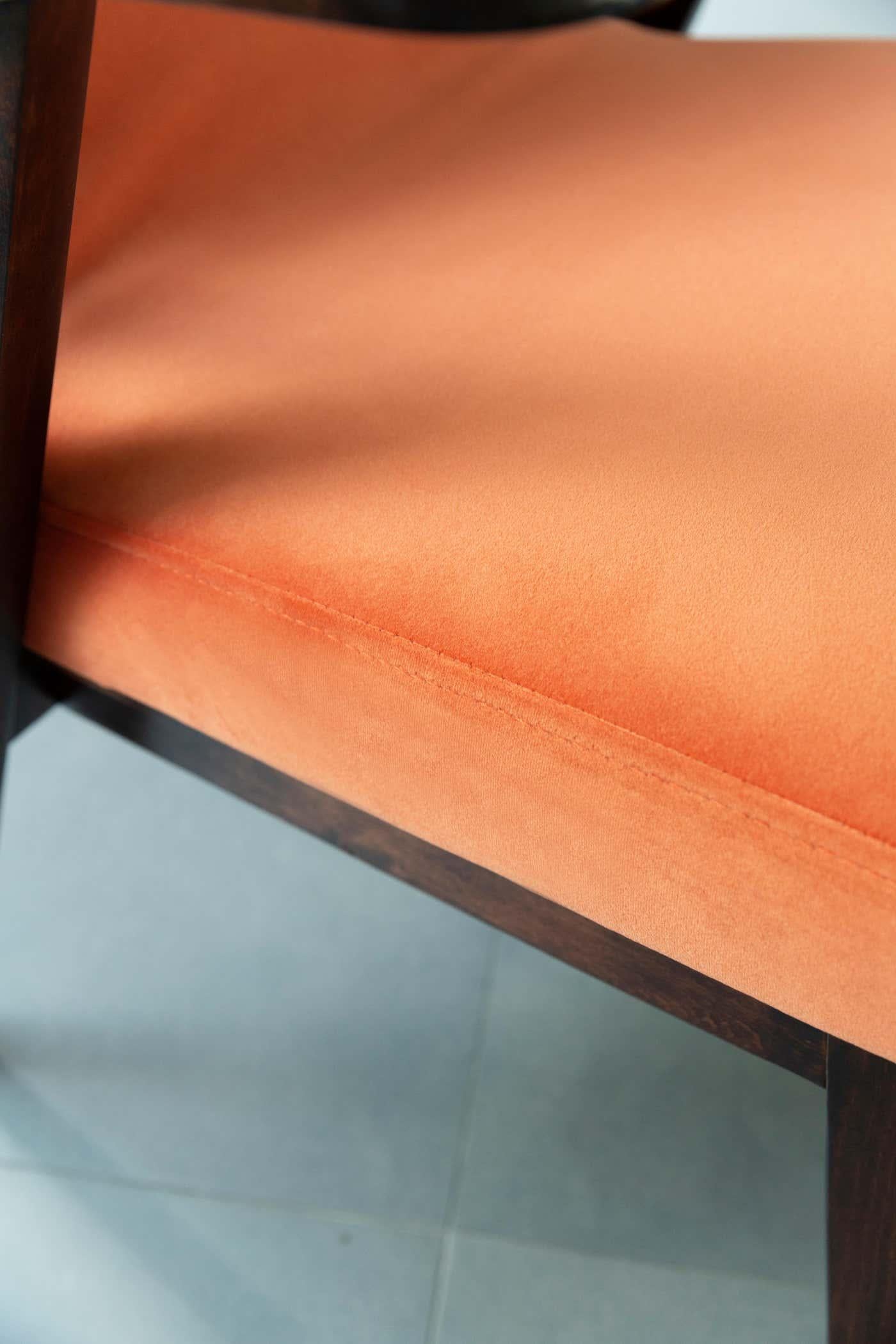 Hand-Crafted Set of Six Vintage Chairs in Orange Velvet by Mieczyslaw Puchala, Europe, 1960s For Sale