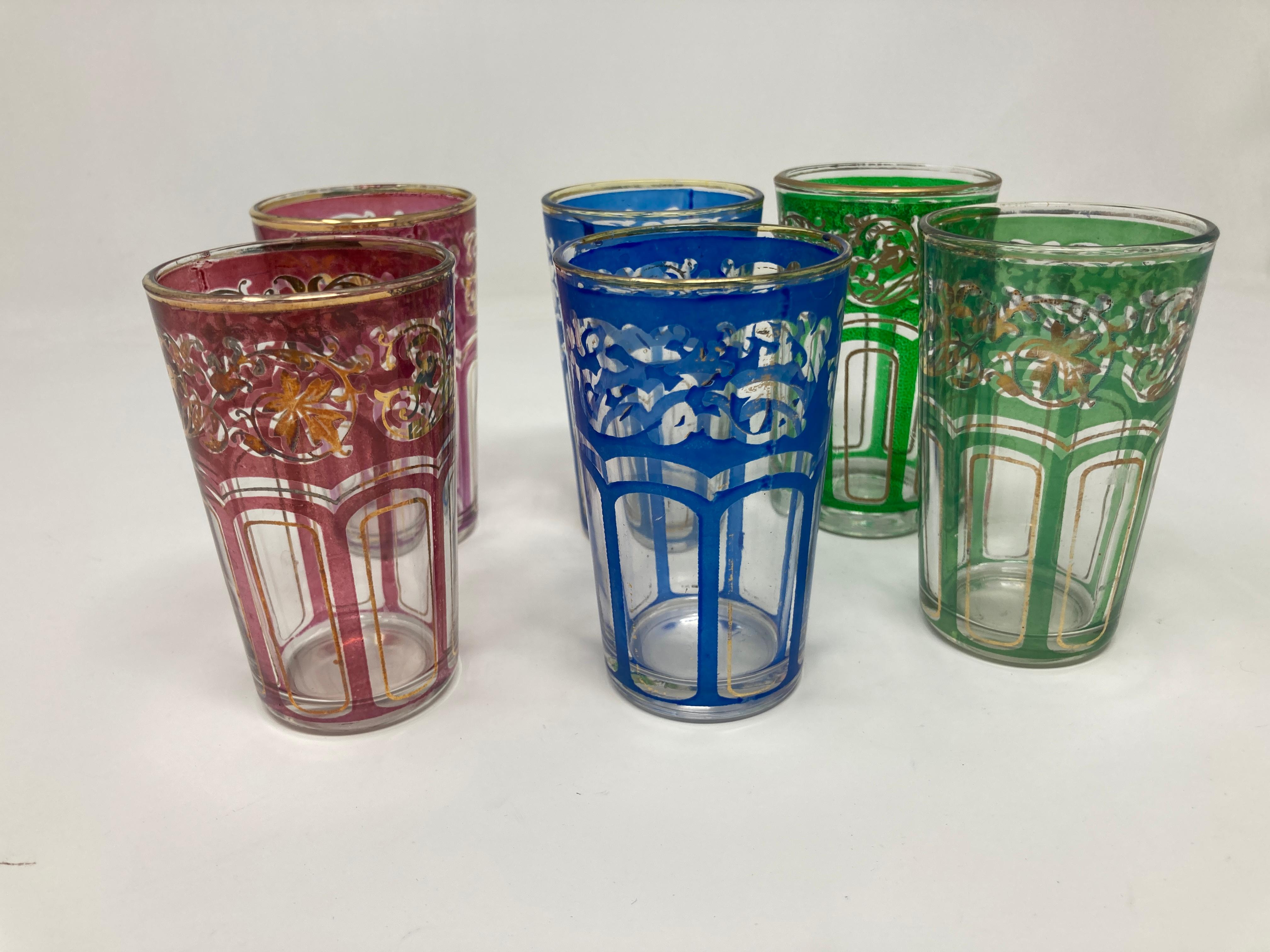 Moroccan Set of Six Vintage Colored Glasses with Gold Raised Moorish Design