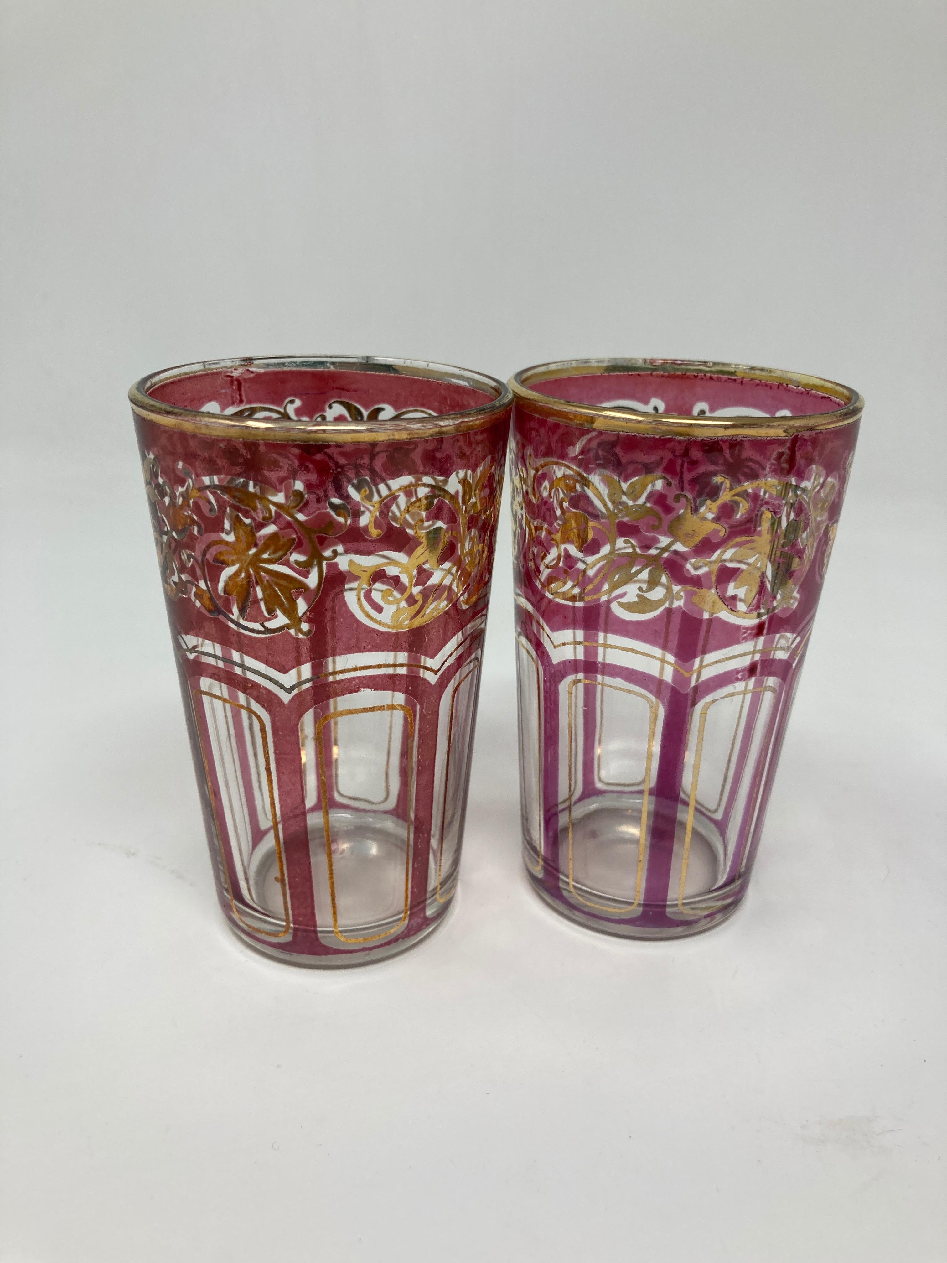 Set of Six Vintage Colored Glasses with Gold Raised Moorish Design 1