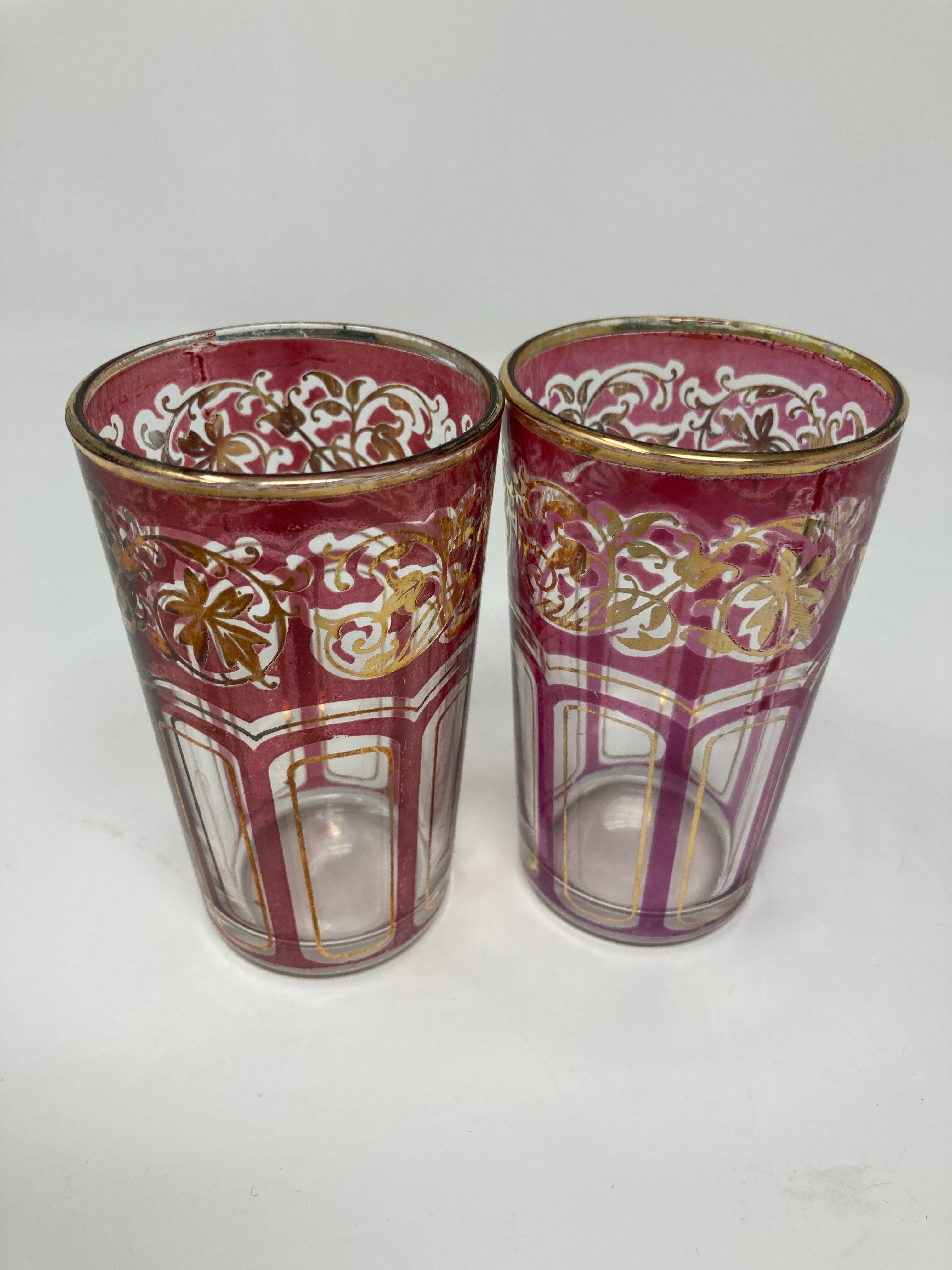 Set of Six Vintage Colored Glasses with Gold Raised Moorish Design 2
