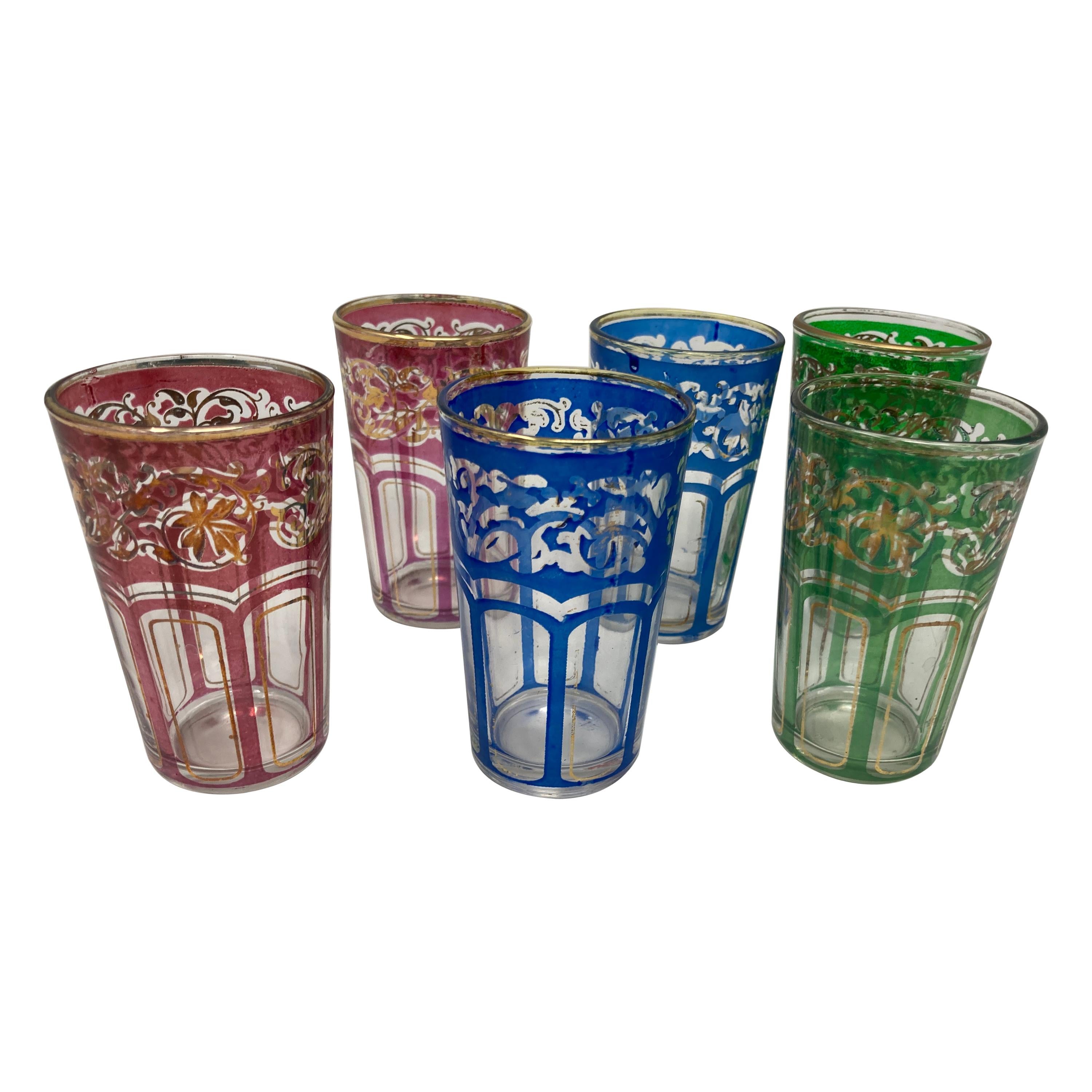 Set of Six Vintage Colored Glasses with Gold Raised Moorish Design