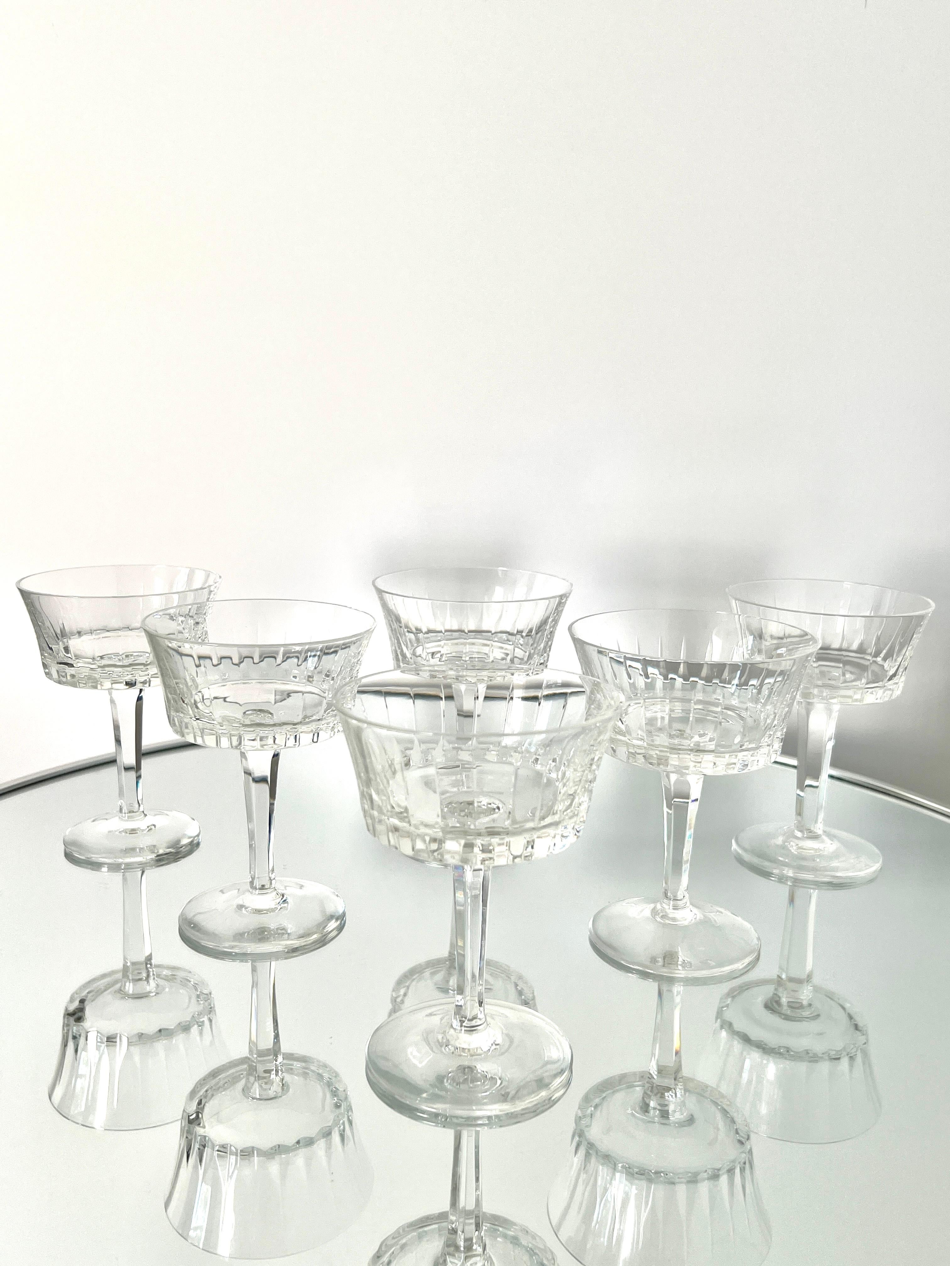 Set von sechs Vintage-Kristall-Champagnerkolben von Gorham, ca. 1970''s (Radiert) im Angebot