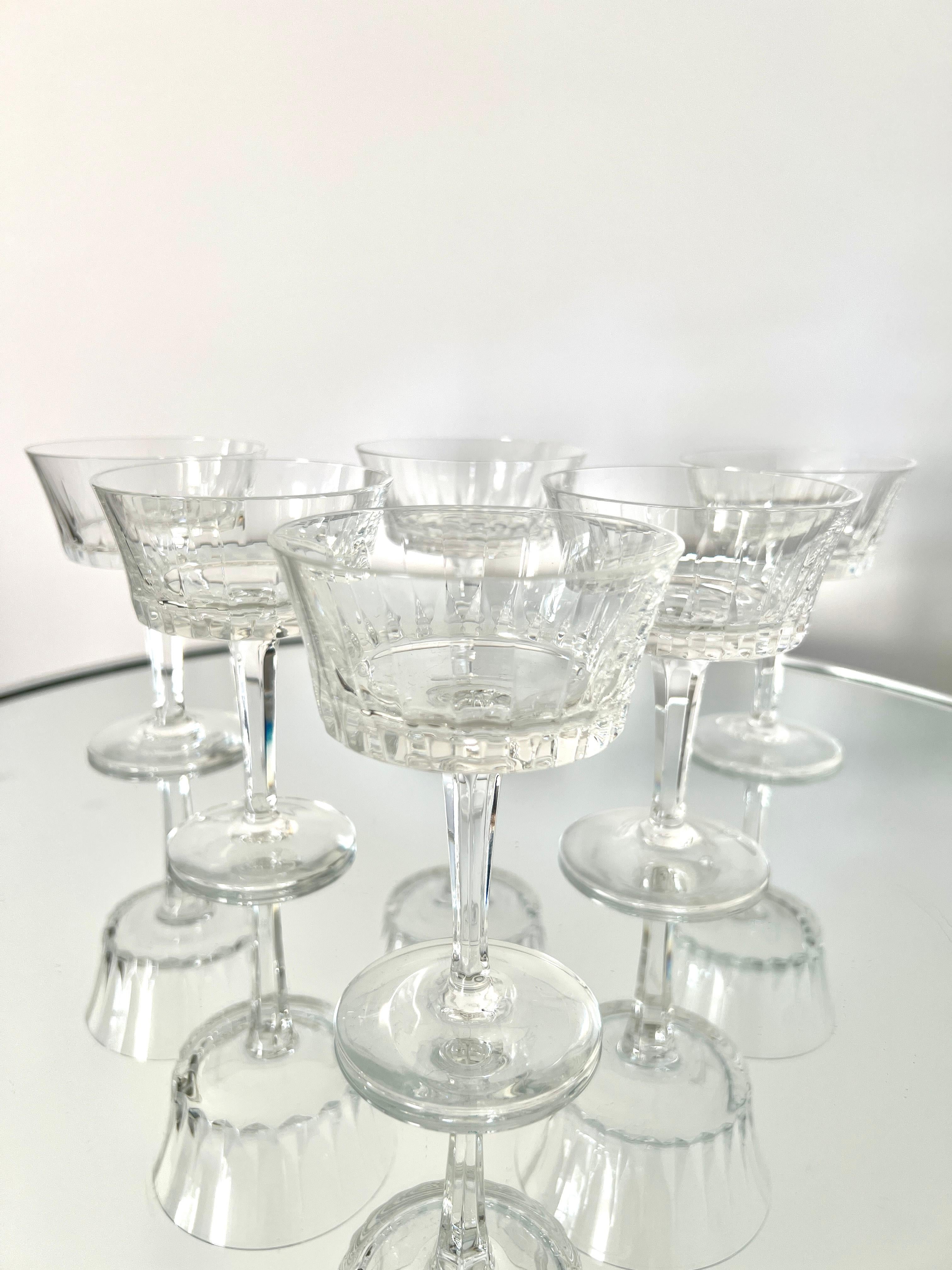 Etched Set of Six Vintage Crystal Champagne Coupes by Gorham, c. 1970's For Sale