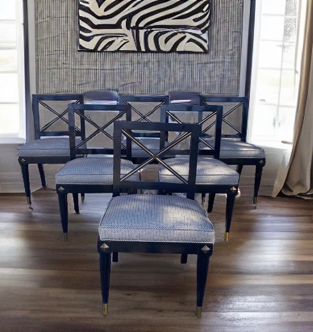 Set of Six Vintage Directoire Style Black & Gold Dining Chairs Modern Chic For Sale 8