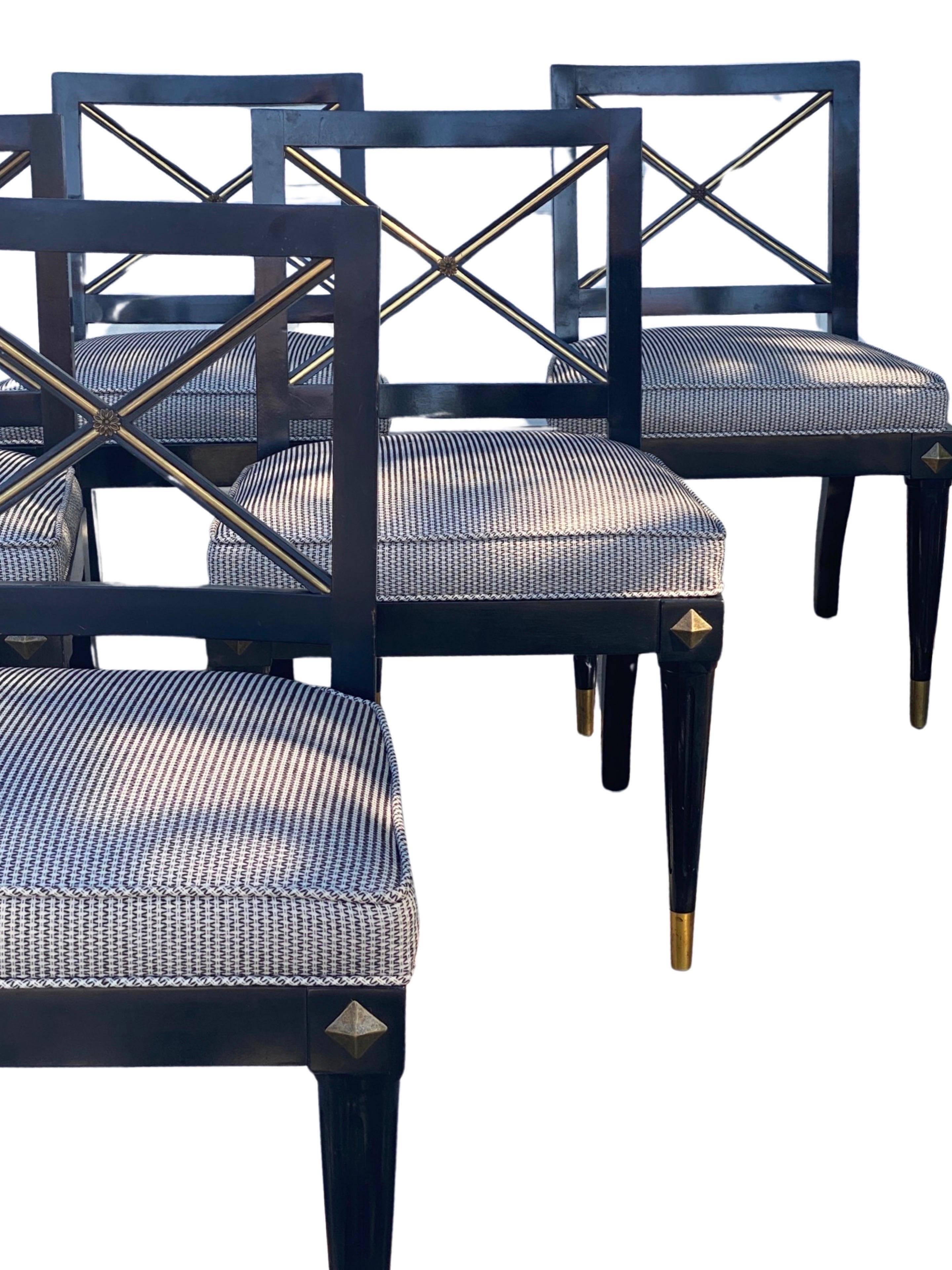 Set of Six Vintage Directoire Style Black & Gold Dining Chairs Modern Chic  In Good Condition For Sale In Palm Springs, CA