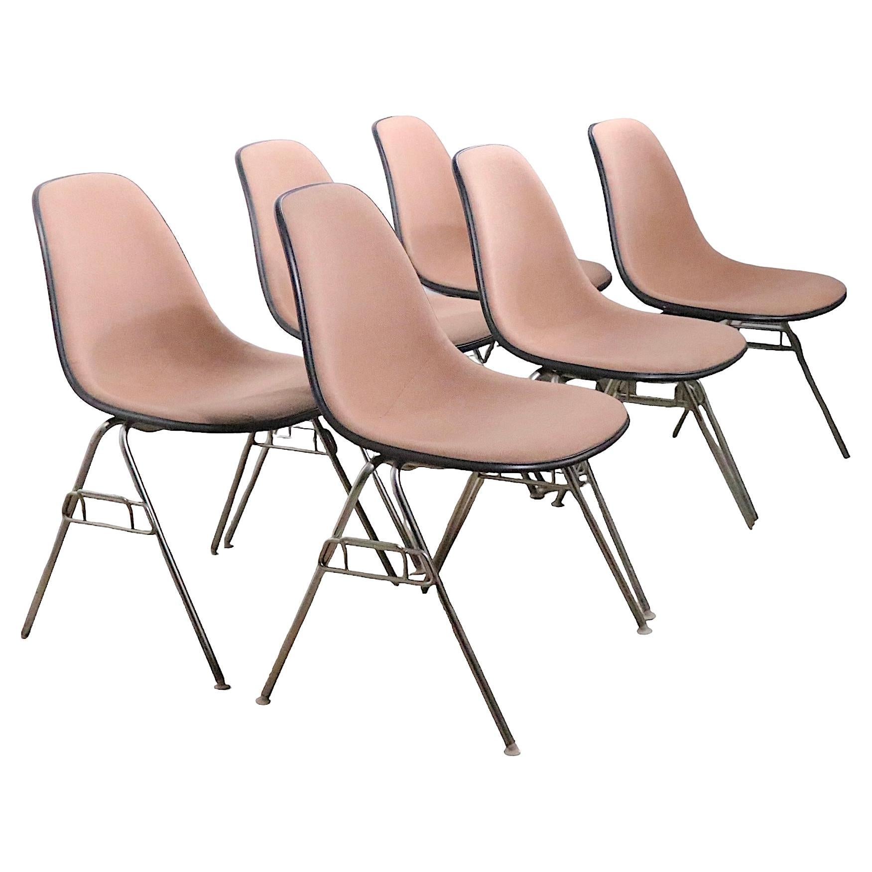 Set of Six Vintage Eames for Herman Miller Stacking DSS Chairs in Tweed Fabric For Sale