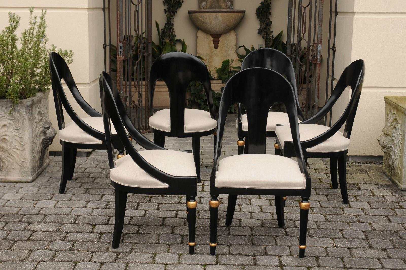 Set of Six Vintage Ebonized Wood Upholstered Spoon Back Chairs with Gilt Accents In Good Condition In Atlanta, GA
