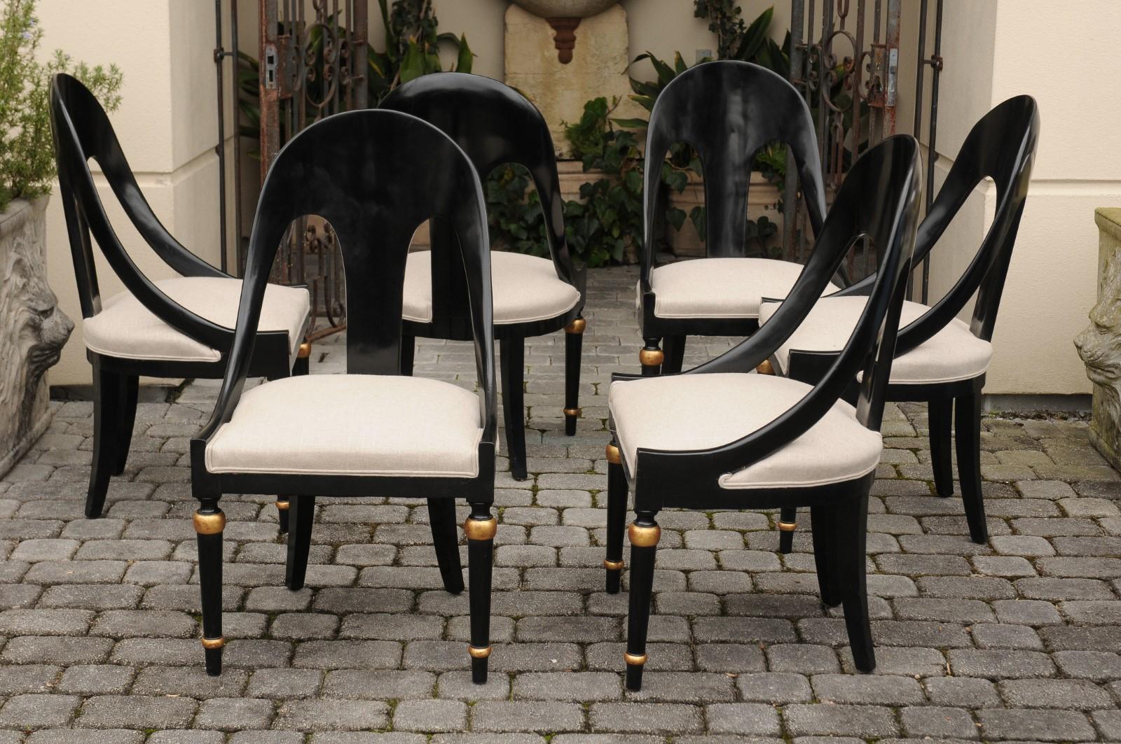 20th Century Set of Six Vintage Ebonized Wood Upholstered Spoon Back Chairs with Gilt Accents