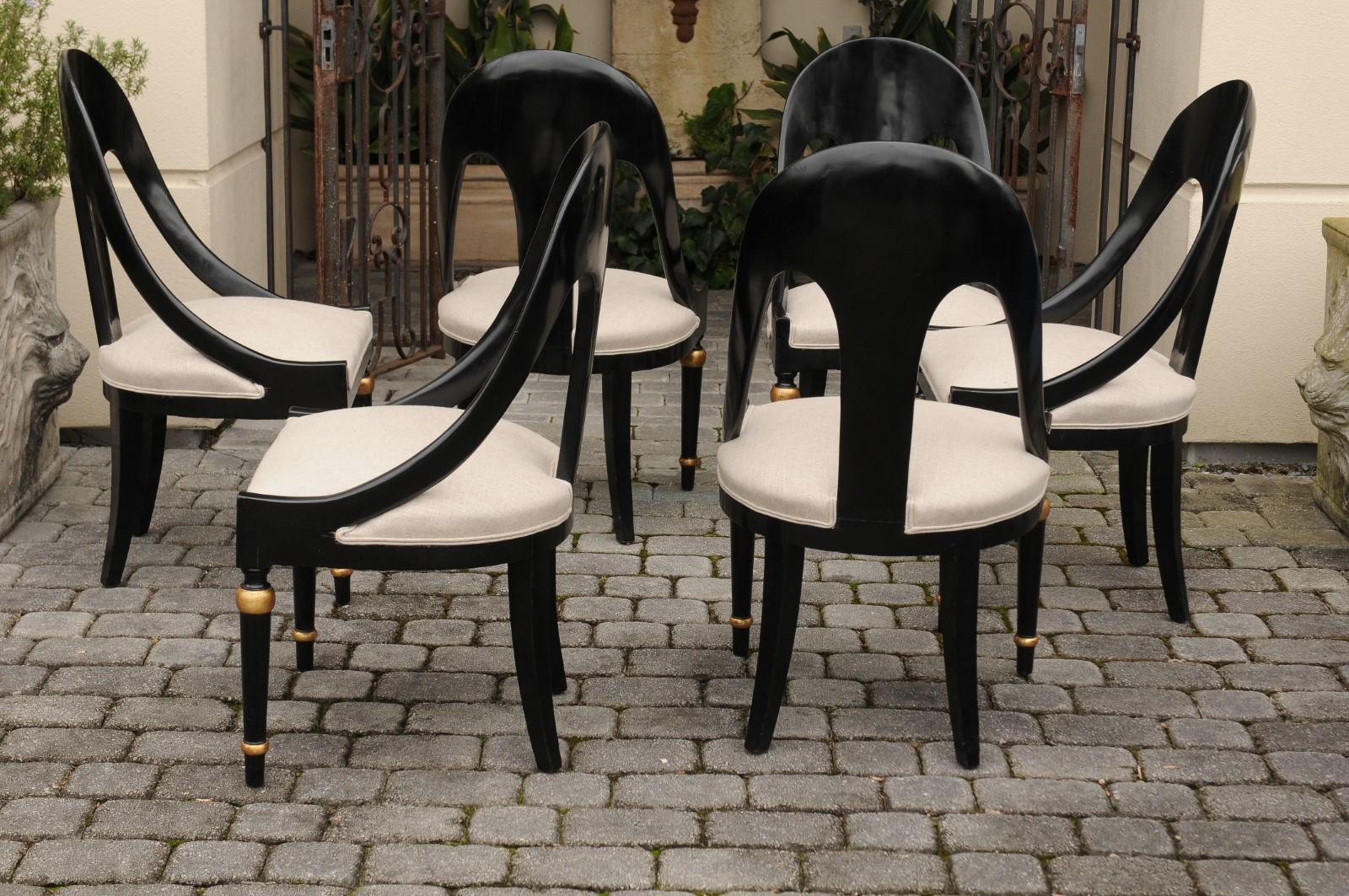Upholstery Set of Six Vintage Ebonized Wood Upholstered Spoon Back Chairs with Gilt Accents