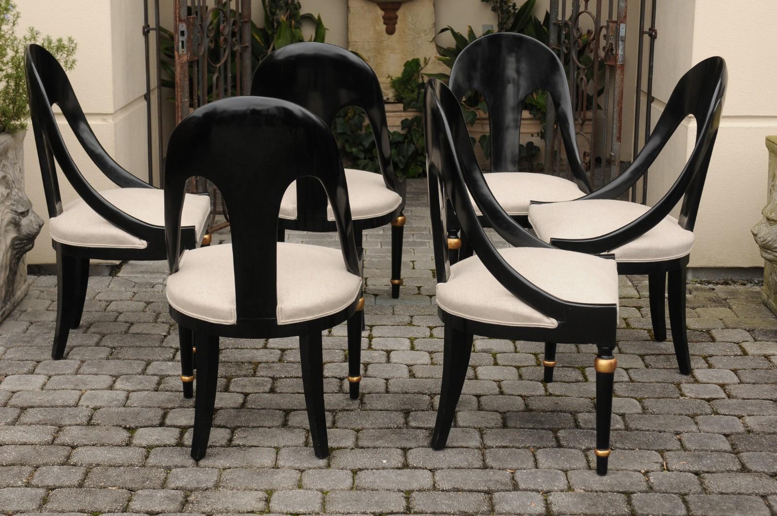 Set of Six Vintage Ebonized Wood Upholstered Spoon Back Chairs with Gilt Accents 1