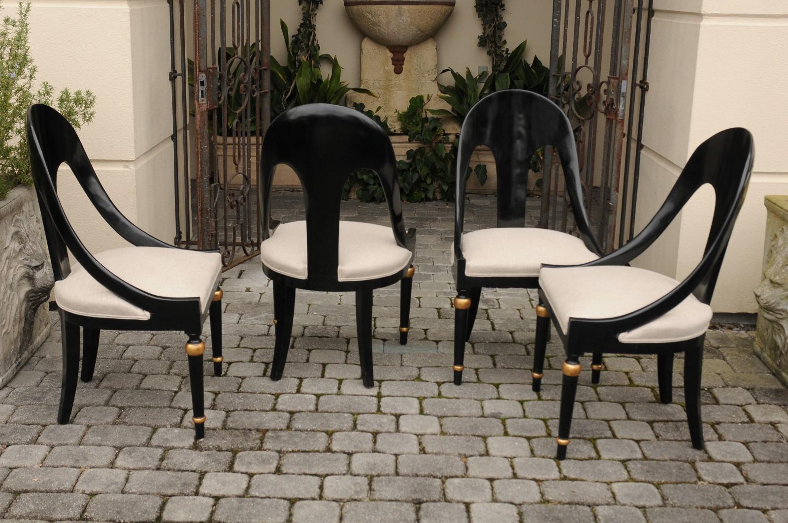 Set of Six Vintage Ebonized Wood Upholstered Spoon Back Chairs with Gilt Accents 2