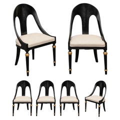 Set of Six Vintage Ebonized Wood Upholstered Spoon Back Chairs with Gilt Accents