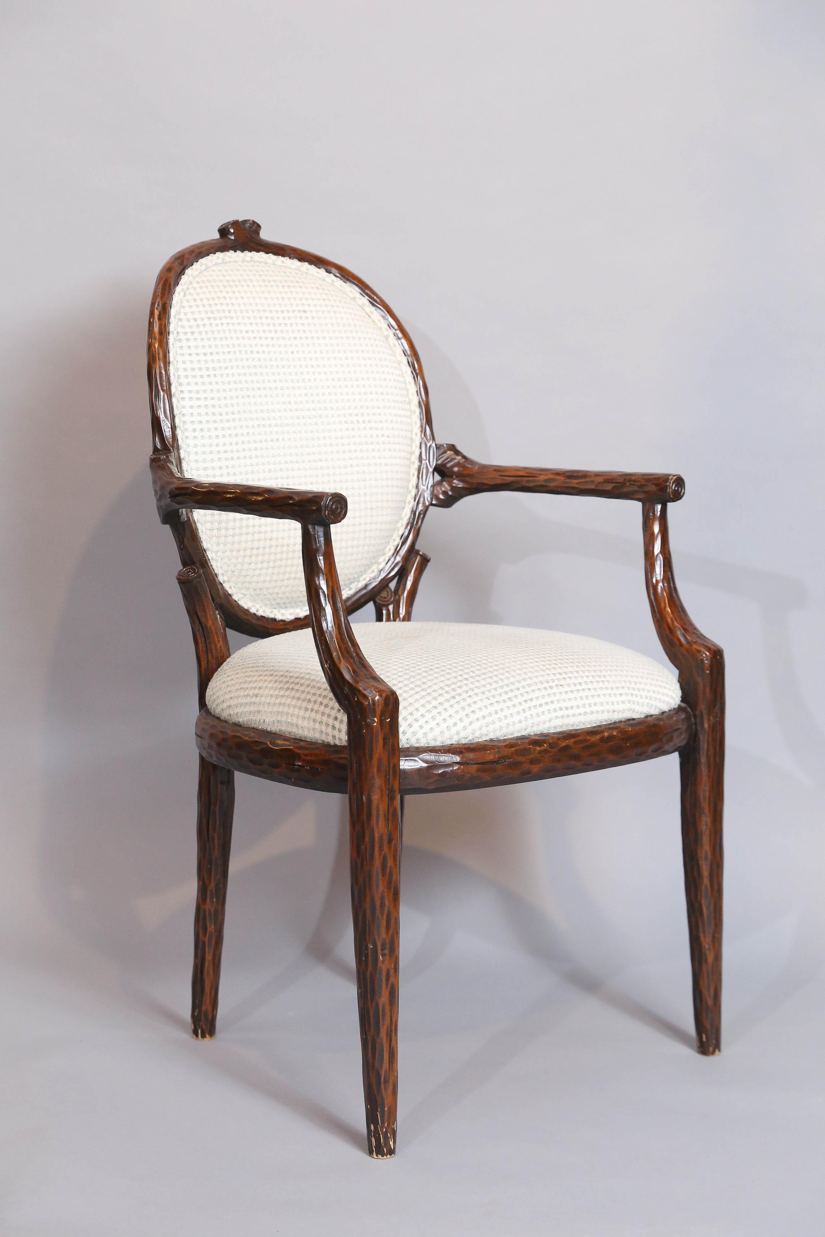 Set of six Italian vintage faux bois armchairs imported by Walter's Wicker Works in 1970s and early 1980s.

Chairs have been restained and very stylishly upholstered.

 