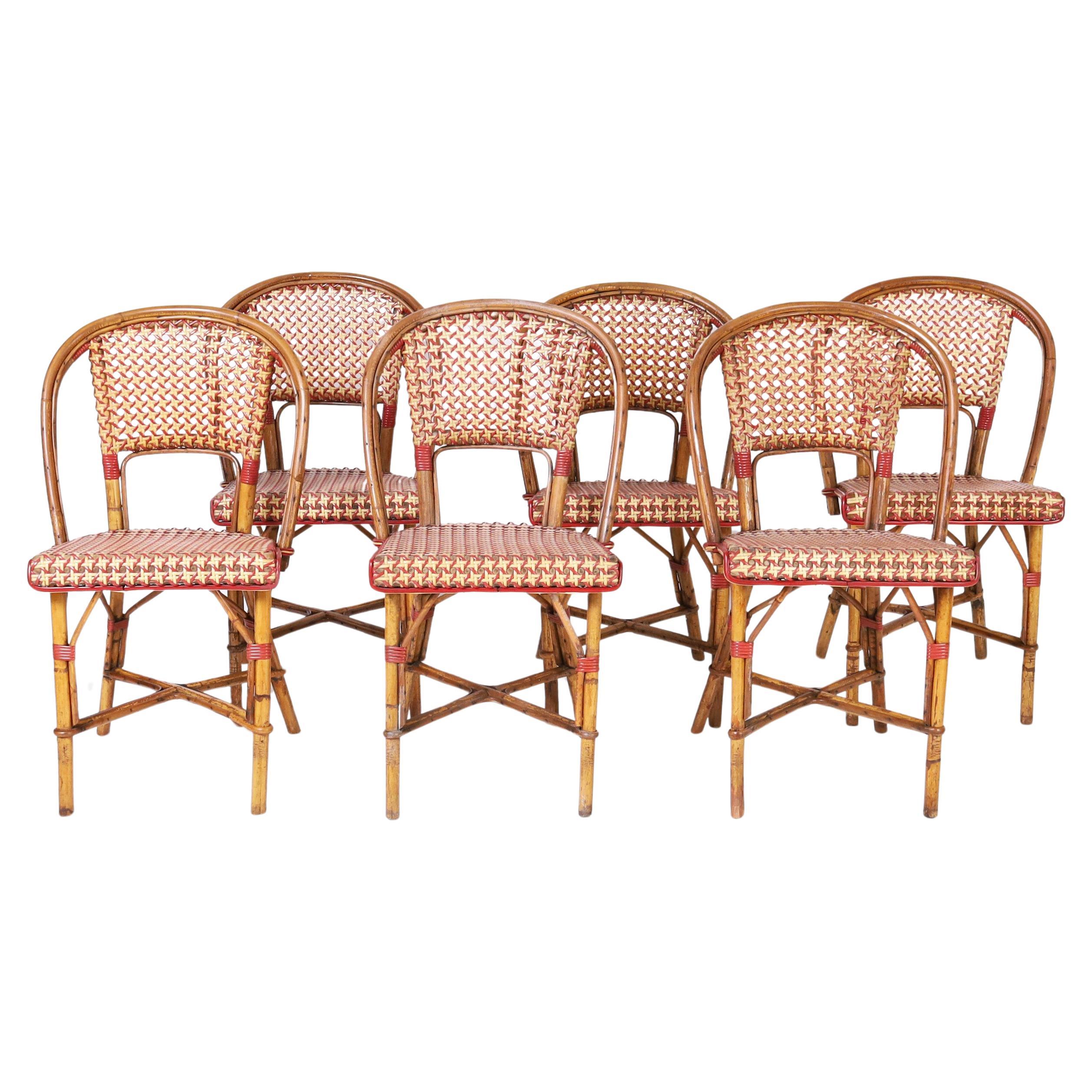 Ensemble de six chaises bistro françaises vintage en bambou