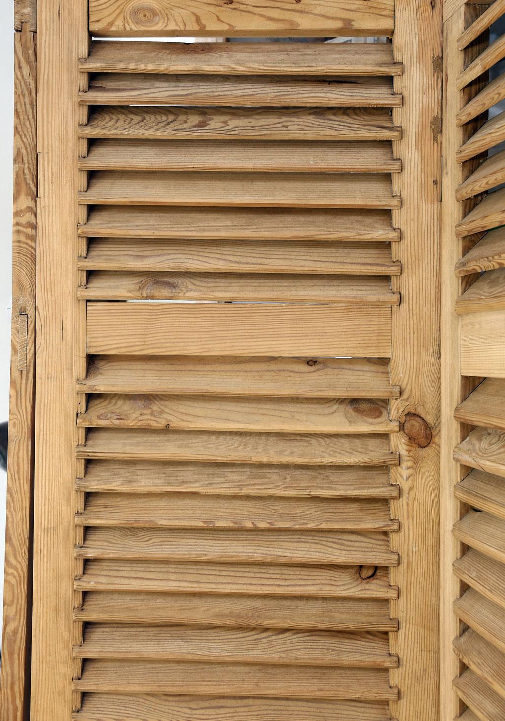 Set of six vintage French shutters with louvered panels. Hand carved in stripped pine, circa 1920-1940. Louvers are non-adjustable. Sold together as a set for $4,900.

Measures: Three shutters 83.5 inches high x 22 inches wide x 1.75 inches deep