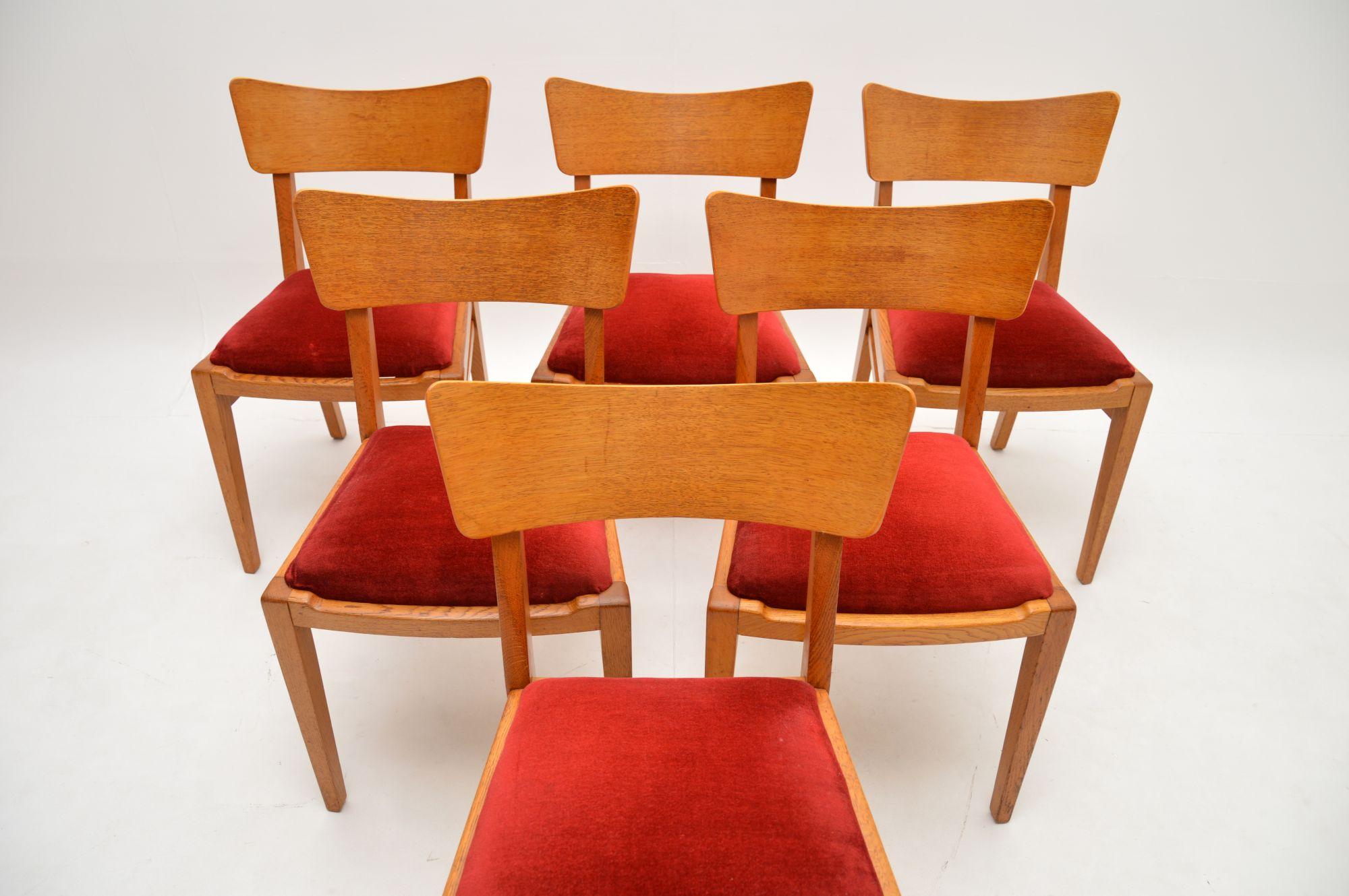 A stylish and very rare set of six vintage G Plan dining chairs in oak. They were part of the Brandon range, this model appears in the very first G Plan catalogue and they date from the early 1950’s.

The quality is superb, they are beautifully