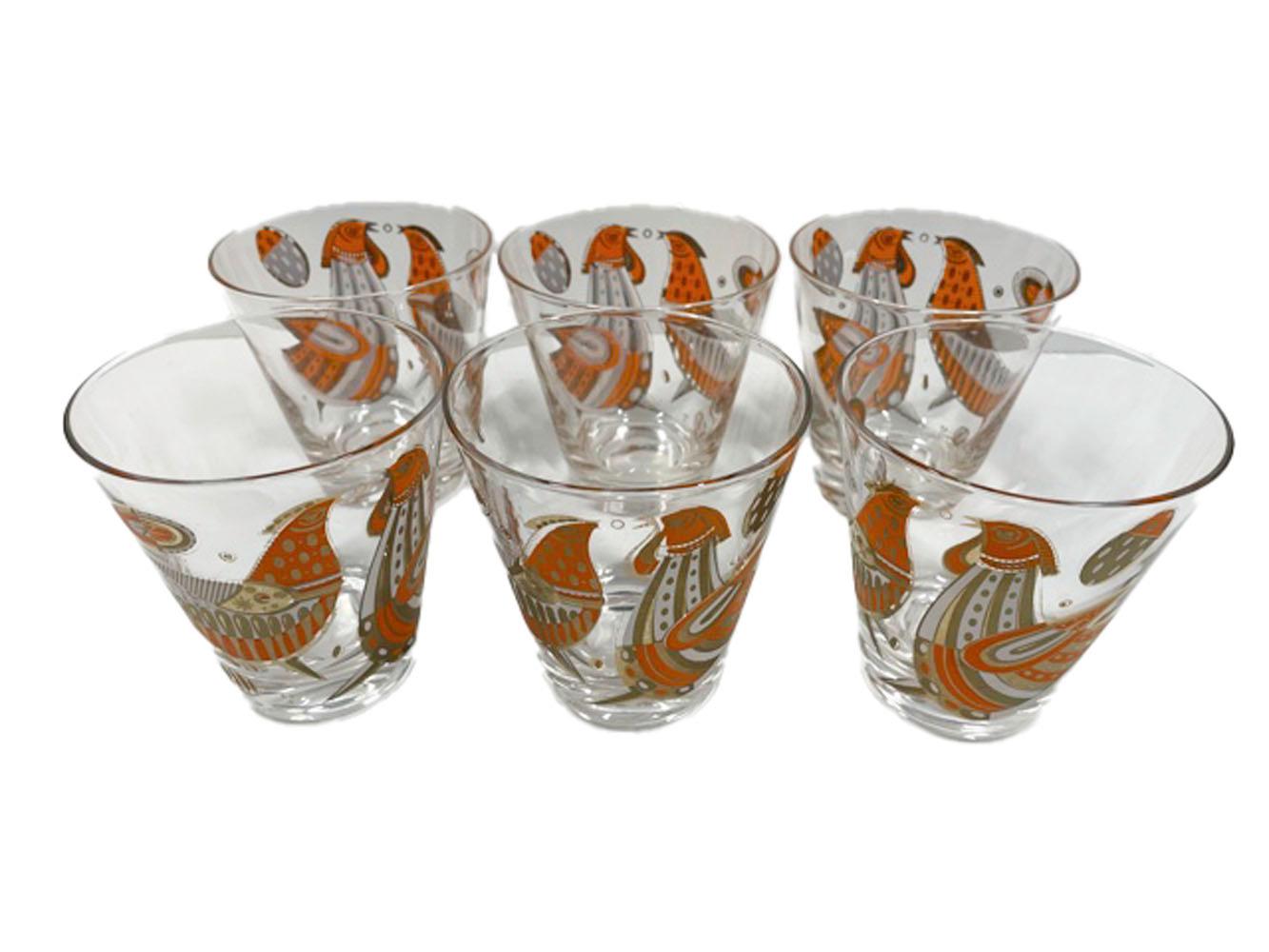 Mid-Century Modern Set of Six Vintage Georges Briard Fowl Love Double Old Fashioned Glasses