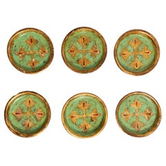 Set of Six Vintage Green Decorative Mini Wood Plates, Italy, 1960s