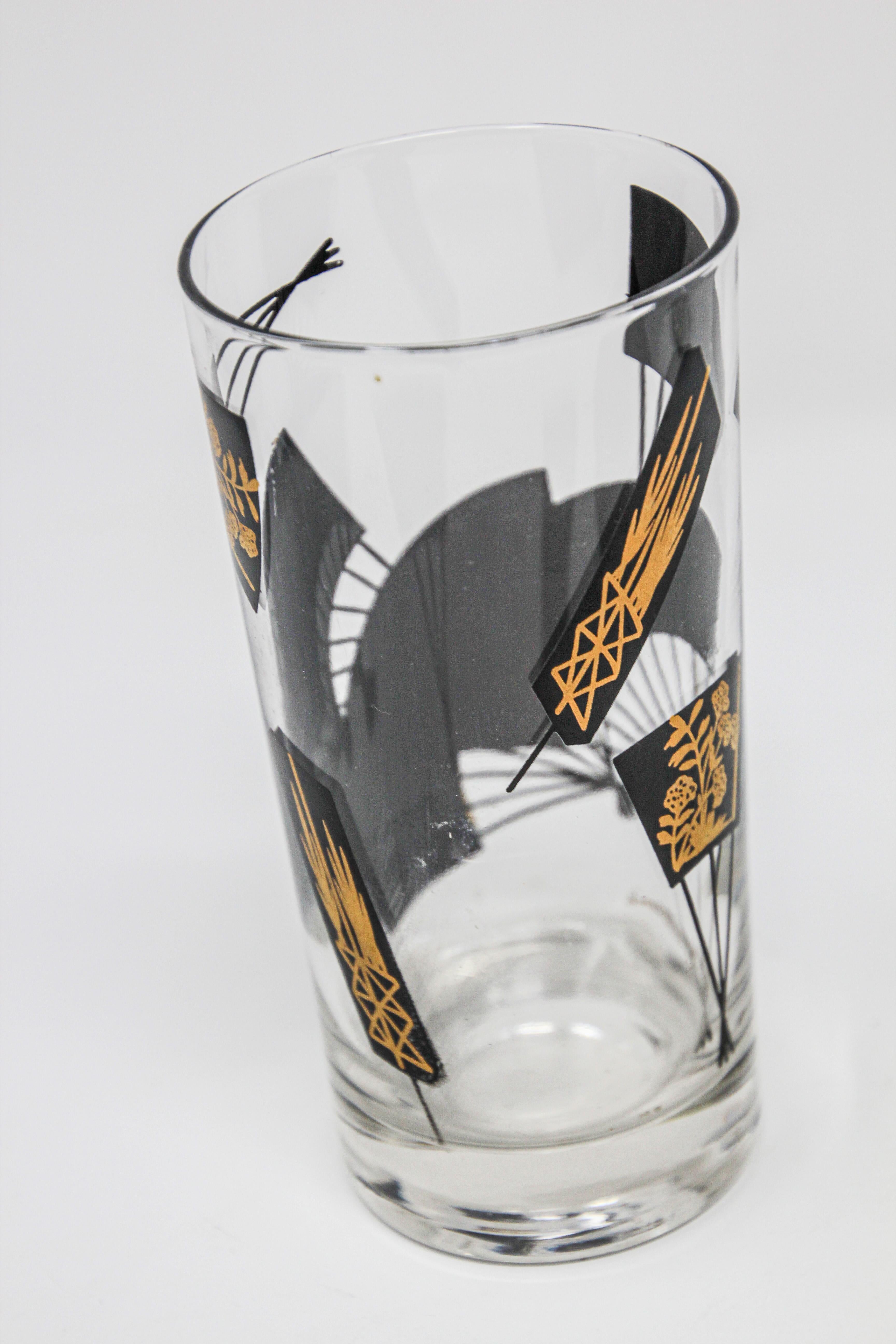 MID  CENTURY MOD 6 BARWARE GLASSES IN HOLDER BLACK/GOLD ATOMIC BOOMERANG 