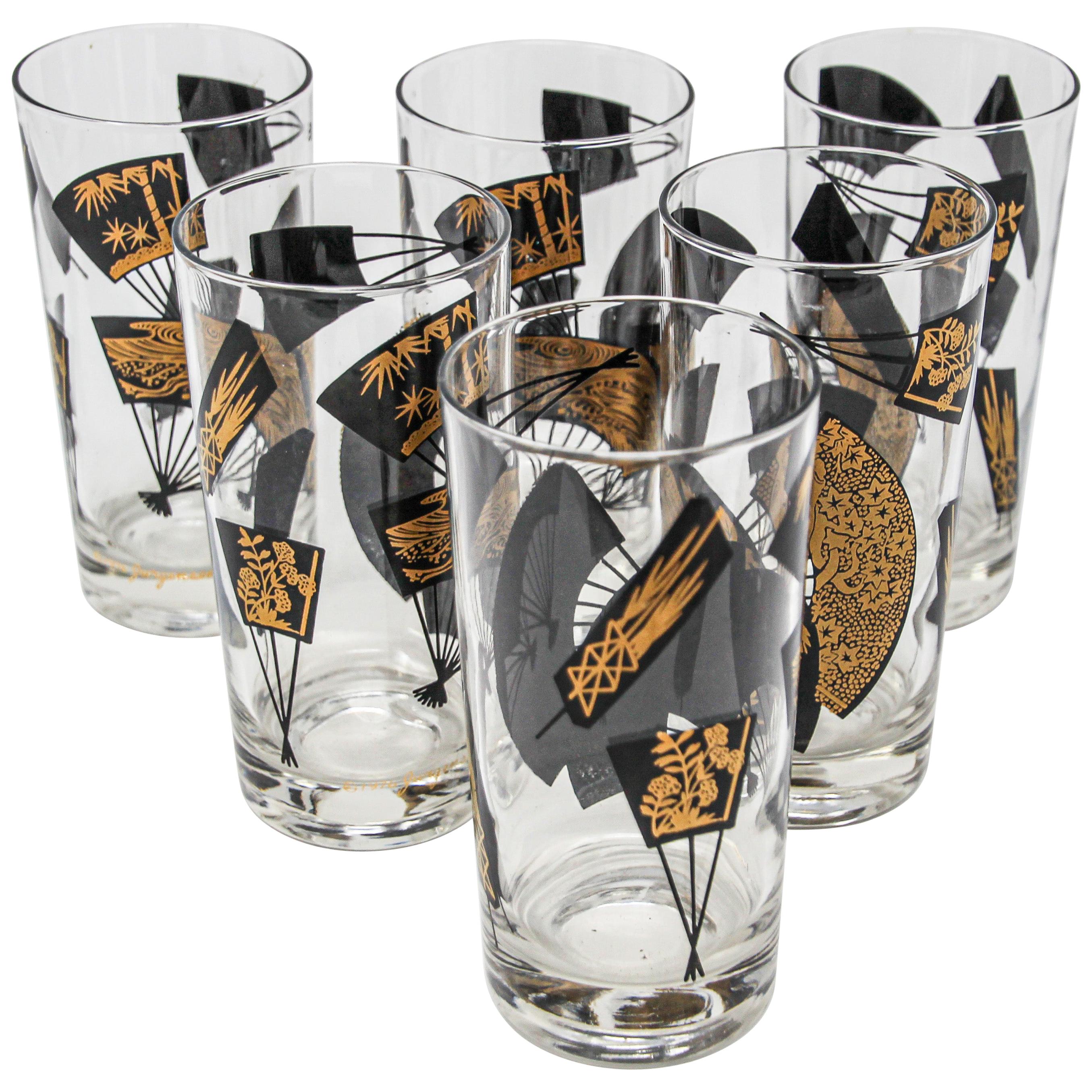 Set of Six Vintage Highball Glasses Black and Gold by Gurgensen's, 1976
