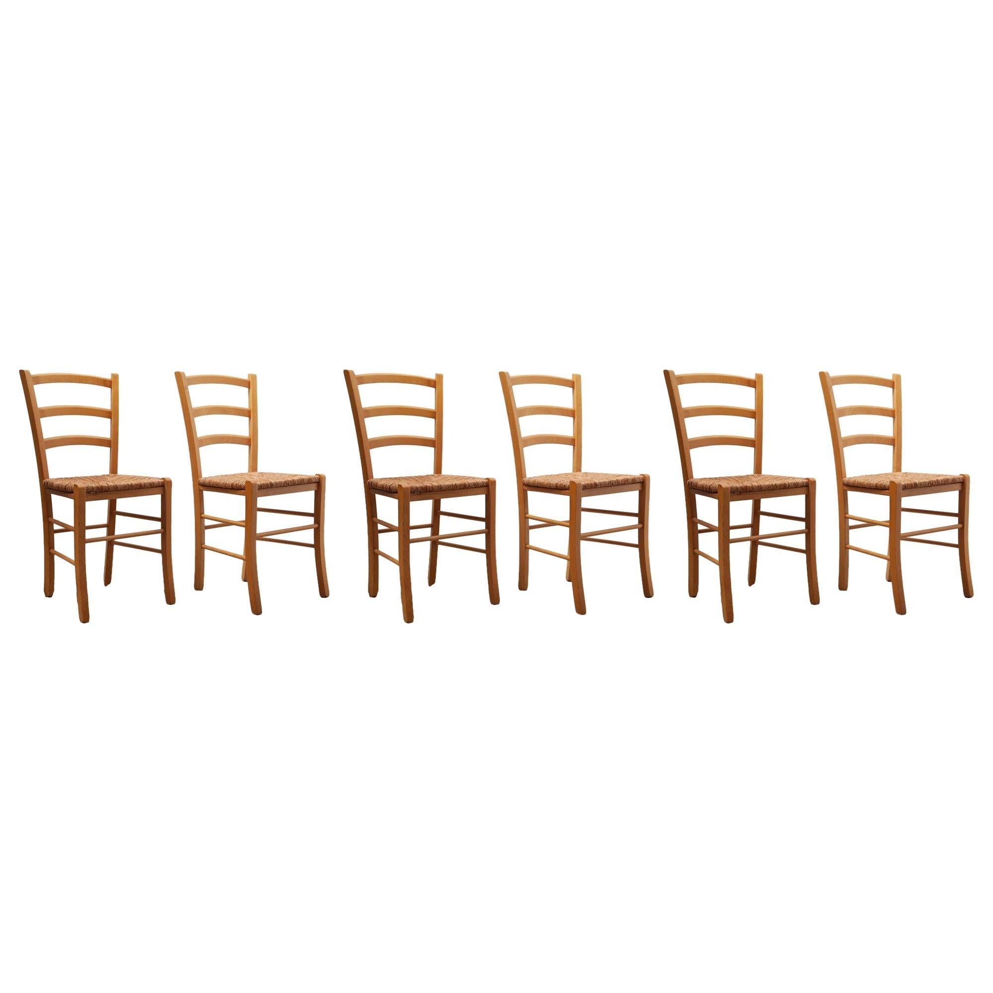 Set of Six Vintage Italian Slat Back Dining Chairs with Rush Seats