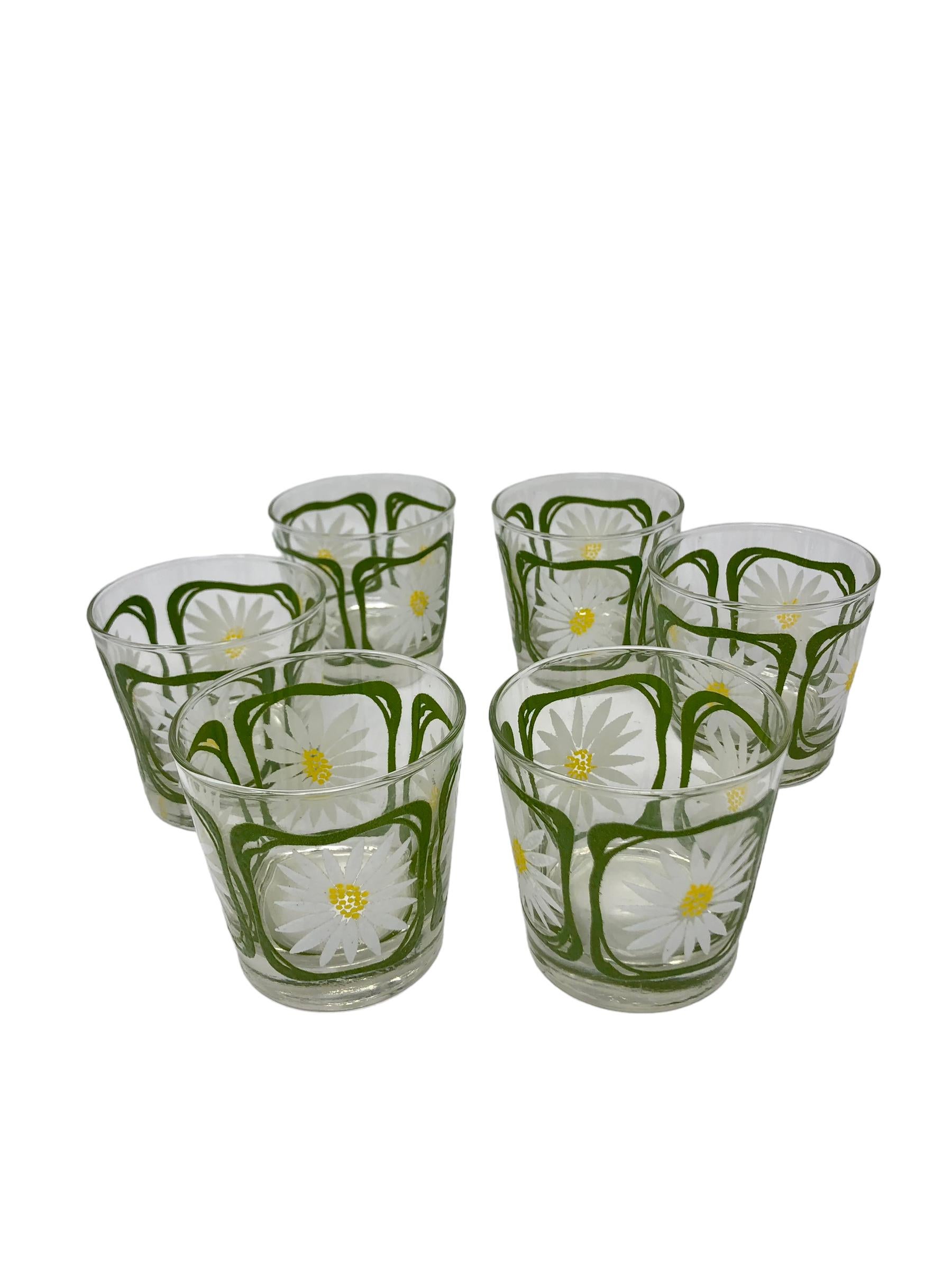 A Set of Six Cheerful Daisy Rocks Glasses by Libbey Glass Co. All in excellent vintage condition.