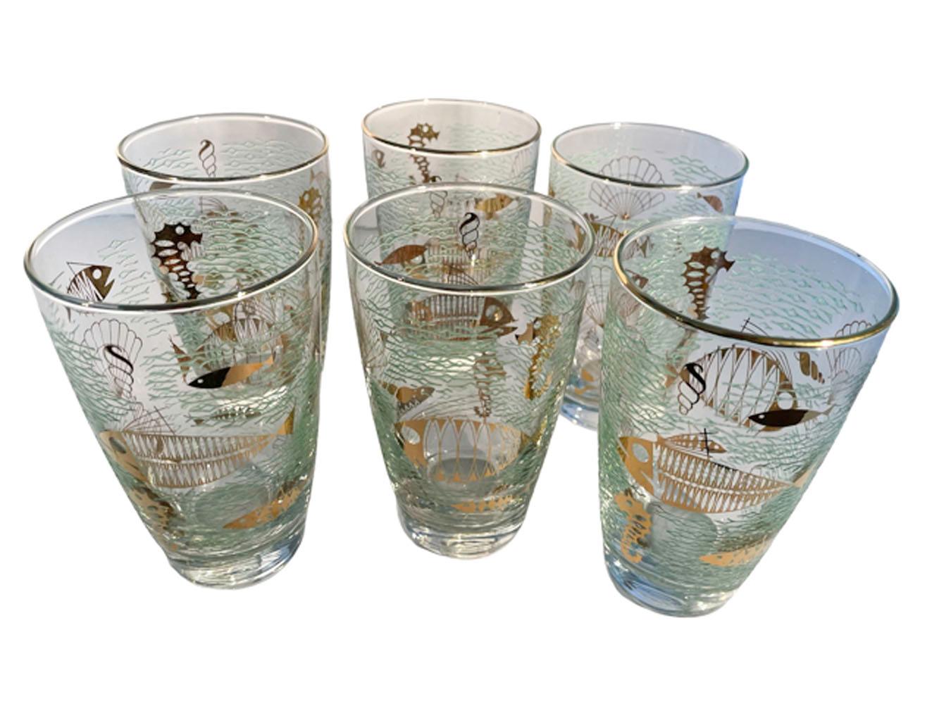 Mid-Century Modern Ensemble de six gobelets/verres hauts « Marine Life » en verre Libbey vintage en vente
