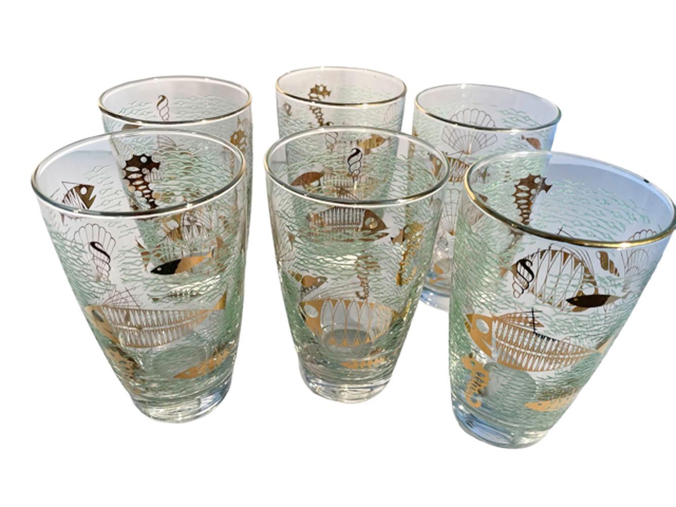 Américain Ensemble de six gobelets/verres hauts « Marine Life » en verre Libbey vintage en vente