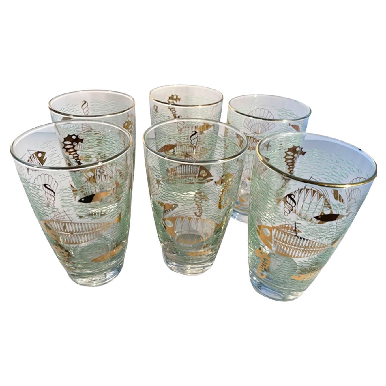 Ensemble de six gobelets/verres hauts « Marine Life » en verre Libbey vintage