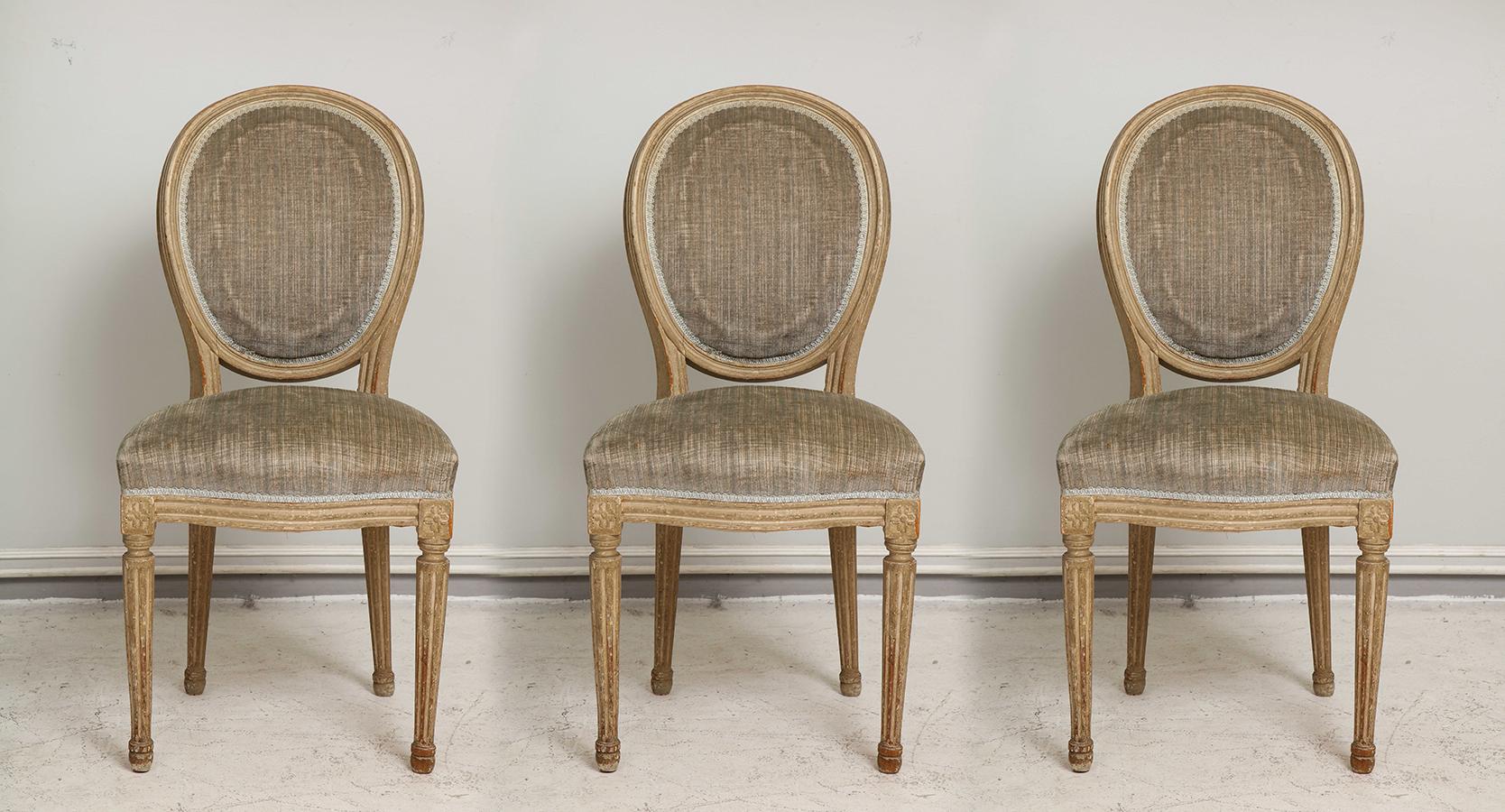Set of six vintage Louis XVI -style painted dining room chairs- oval backs on fluted tapered legs.