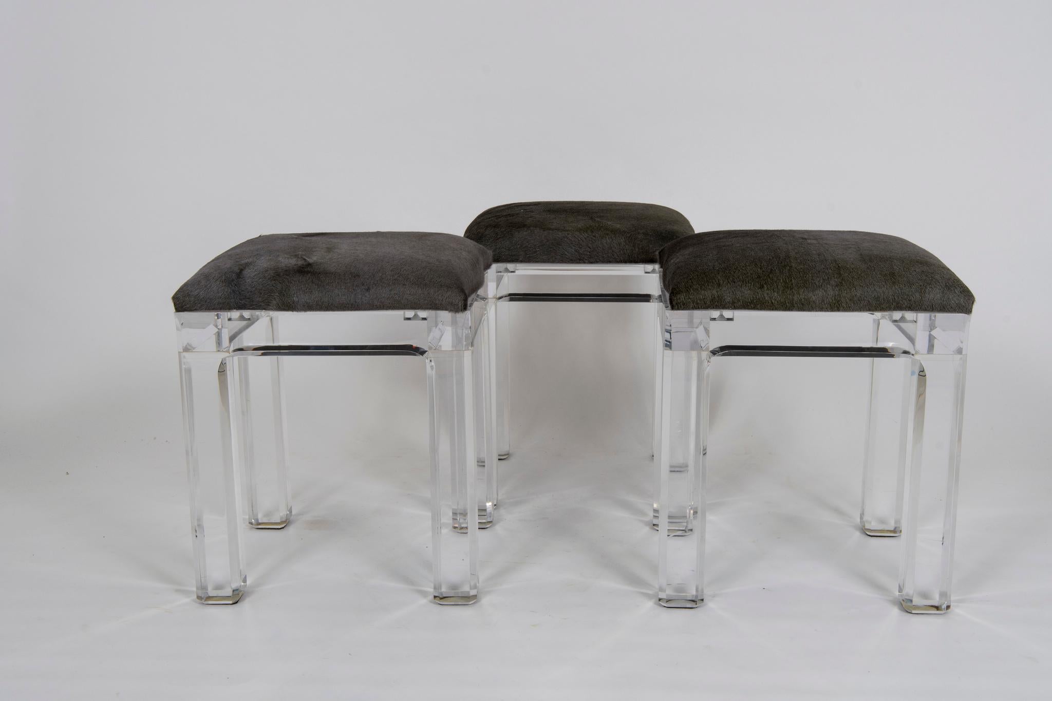 Set of Six Vintage Lucite  Hair Hide Counter Stools In Excellent Condition In Houston, TX