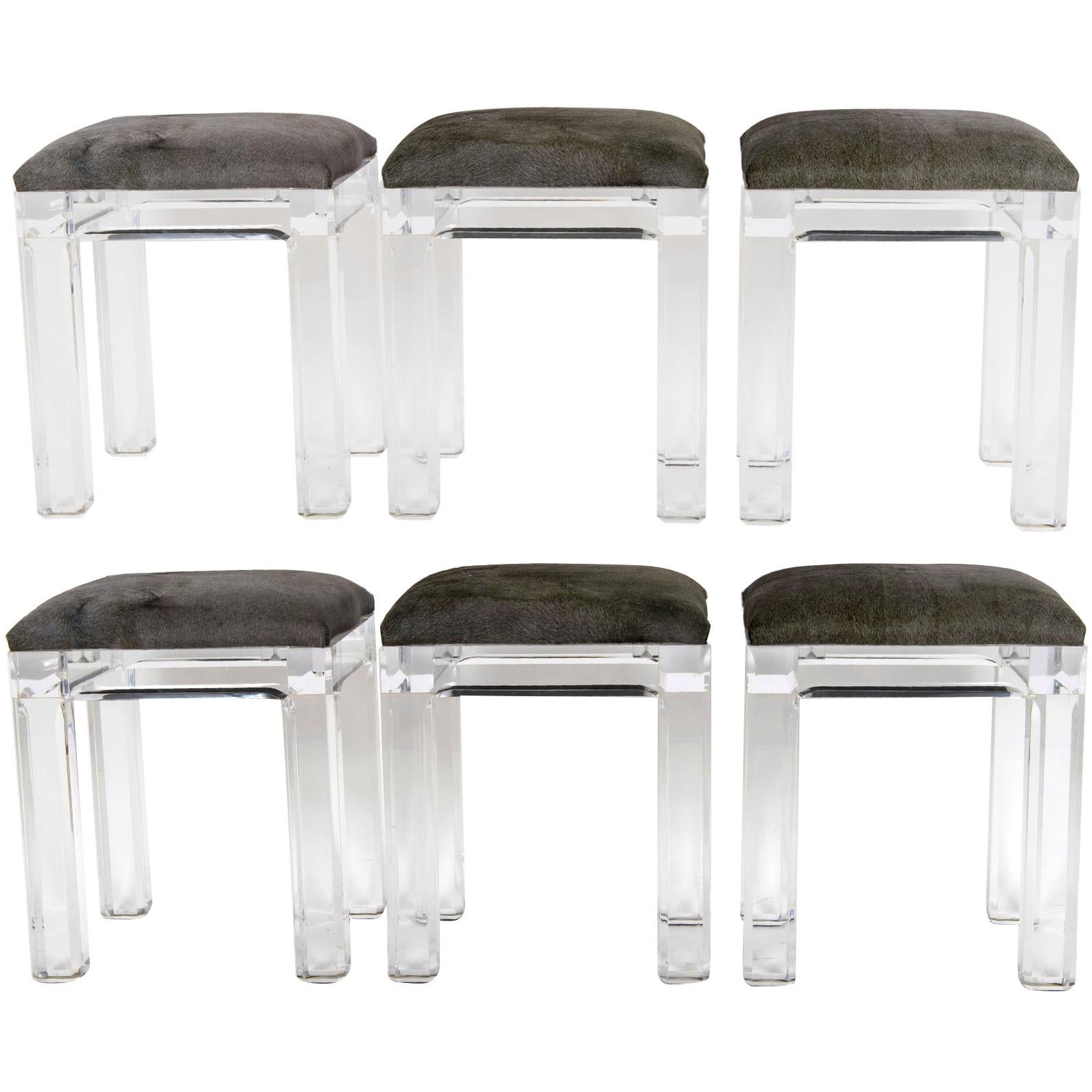 Set of Six Vintage Lucite  Hair Hide Counter Stools
