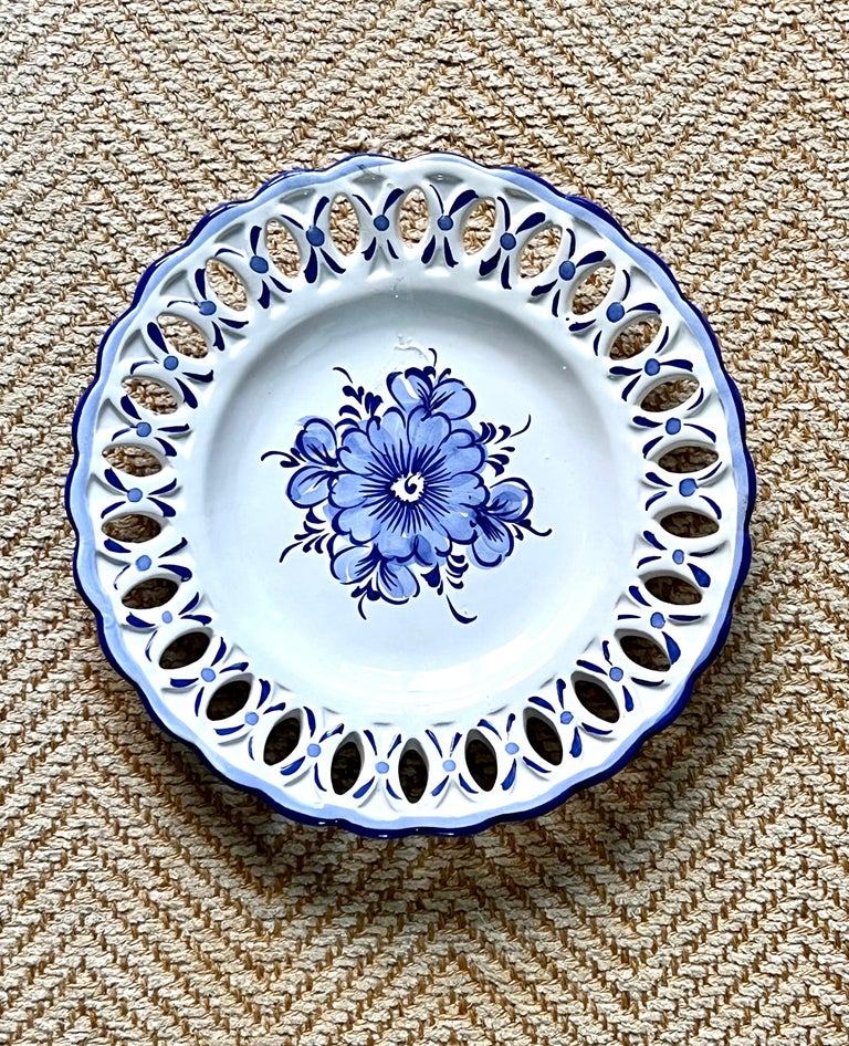 Set of Six Vintage Made in Portugal Blue and White Wall Plates For Sale