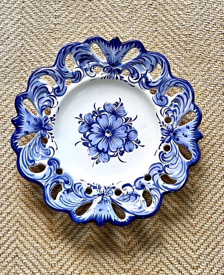 Set of Six Vintage Made in Portugal Blue and White Wall Plates For Sale
