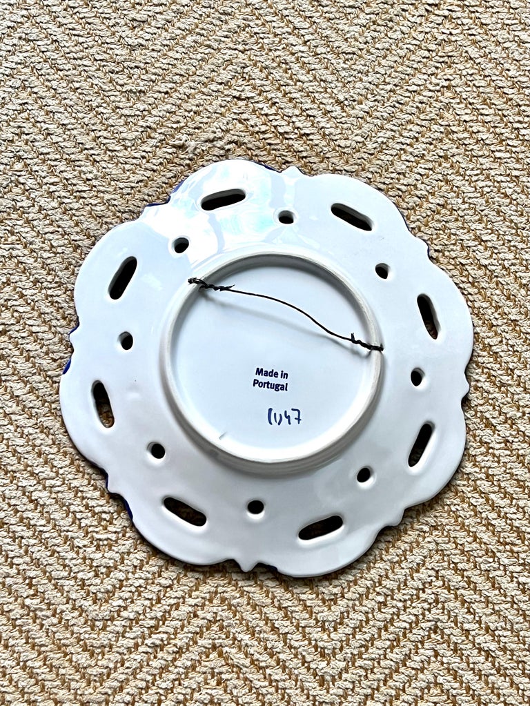 Set of Six Vintage Made in Portugal Blue and White Wall Plates For Sale