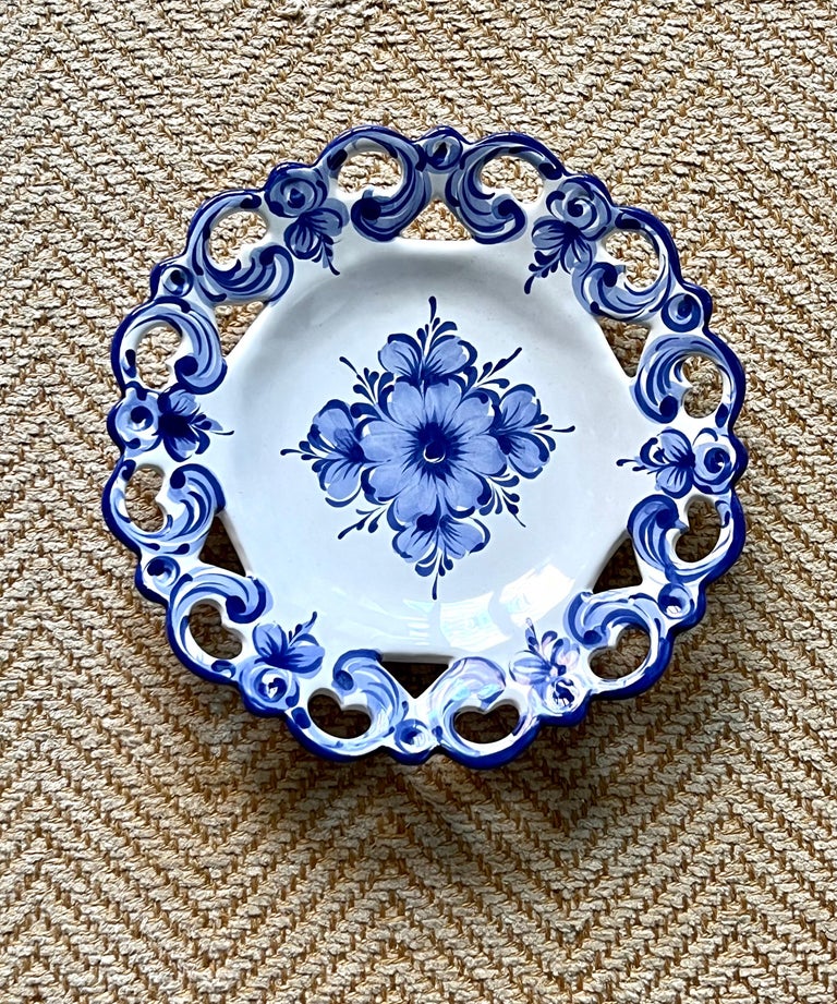 Set of Six Vintage Made in Portugal Blue and White Wall Plates For Sale