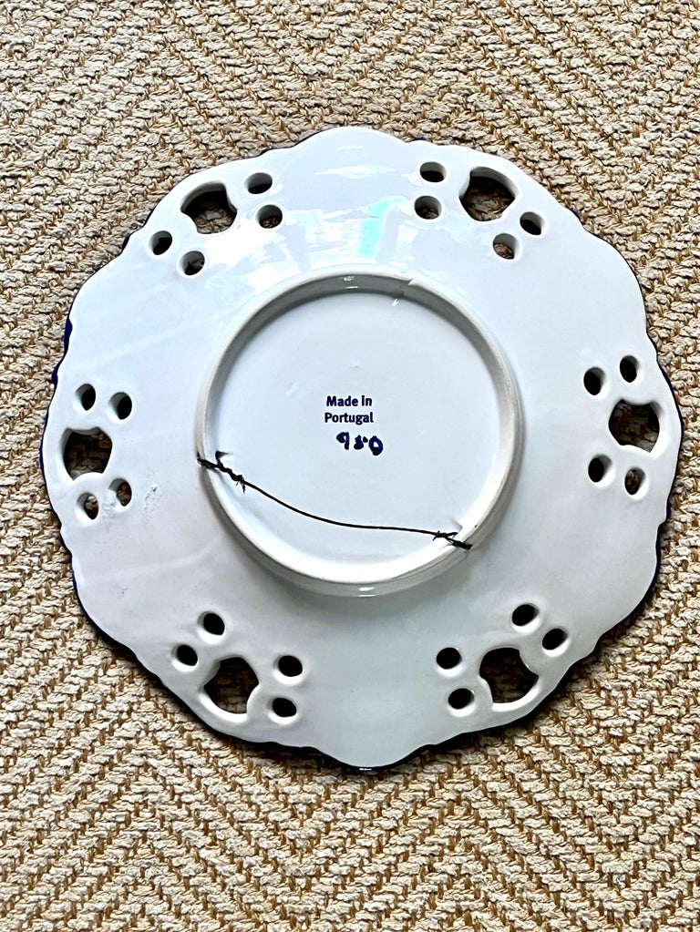 Set of Six Vintage Made in Portugal Blue and White Wall Plates For Sale