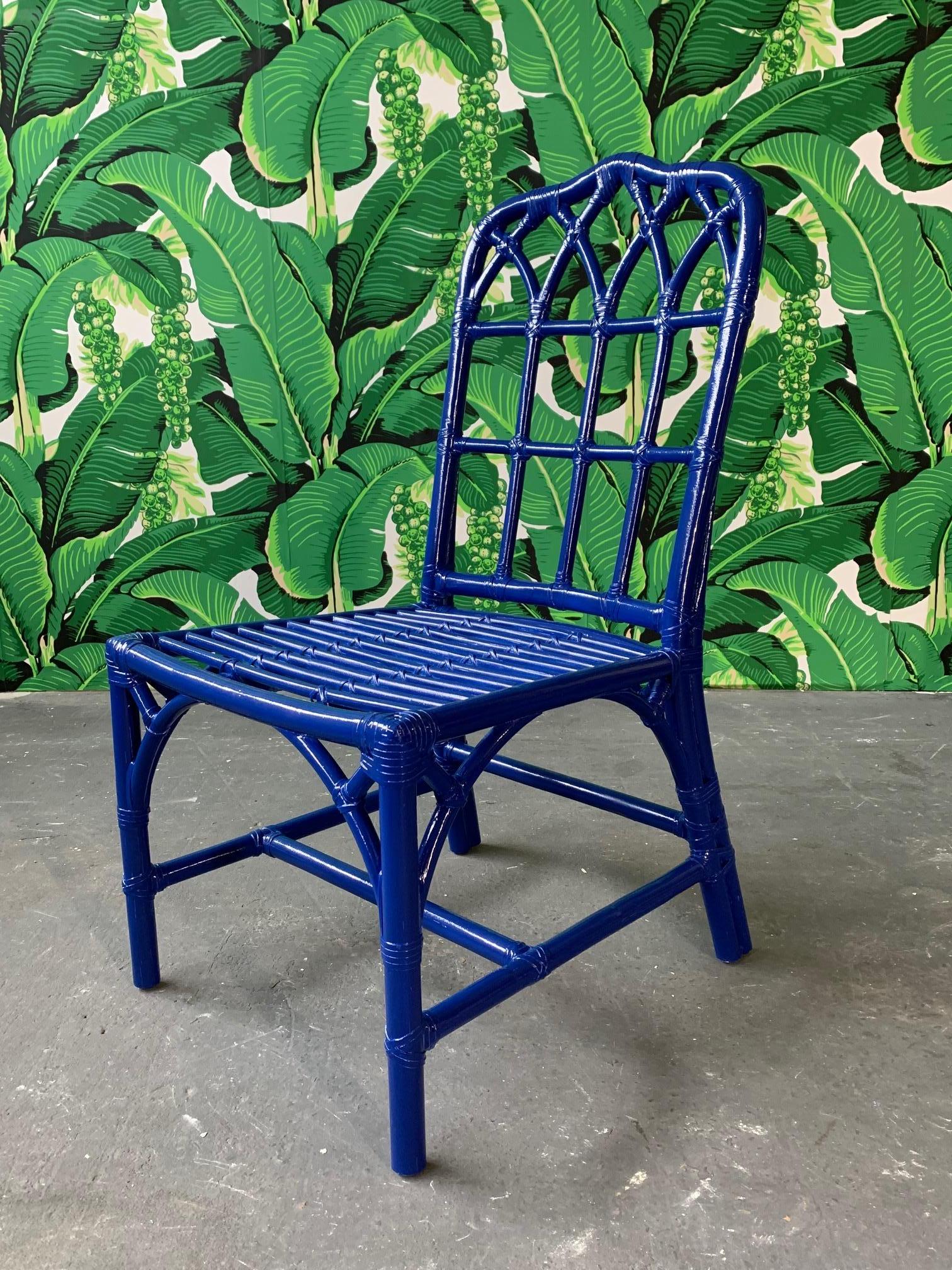Set of 6 cathedral style Chinese Chippendale bamboo dining chairs by McGuire. Finished in high gloss blue. Excellent structural condition with only minor imperfections to the newly lacquered finish.