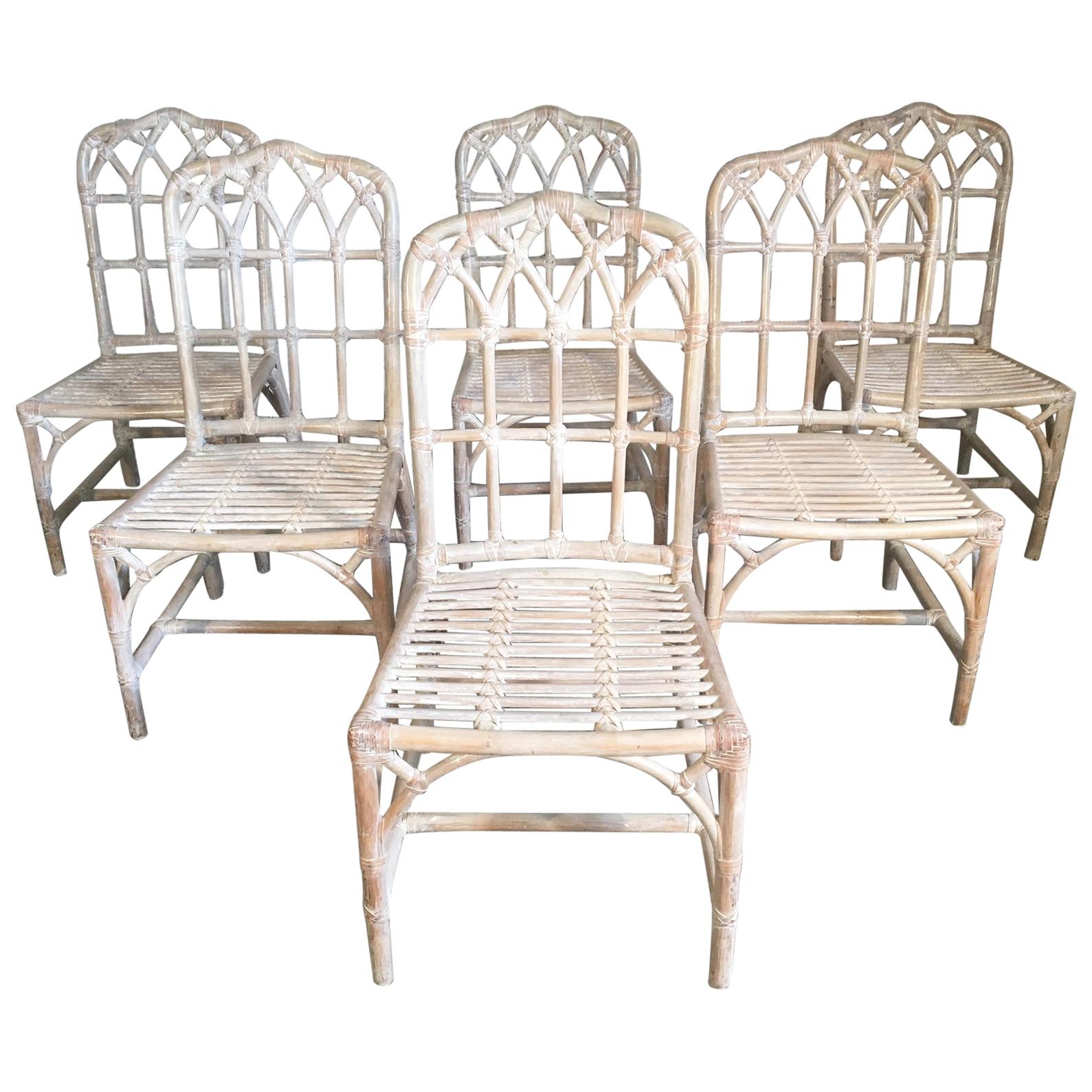 Set of Six Vintage McGuire Bamboo Cathedral Dining Chairs