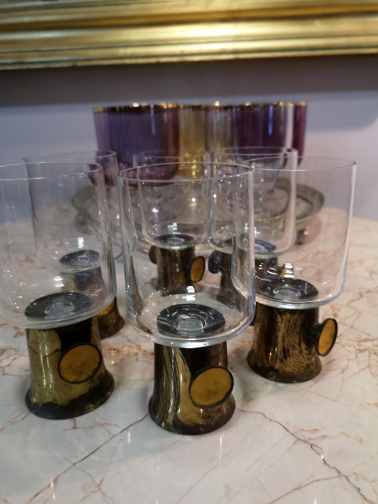 Set of six vintage mid-century artisan enameled brass liqueur glasses, 1970s.