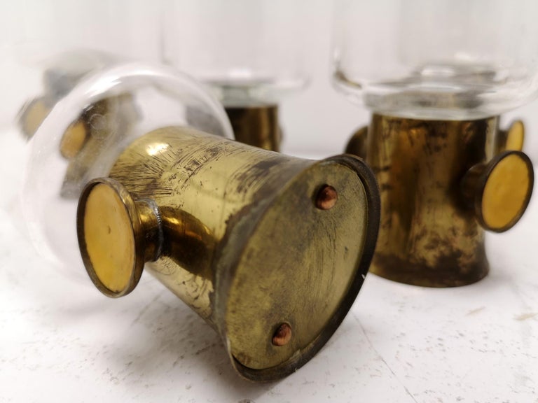 Set of Six Vintage Mid-Century Artisan Enameled Brass Liqueur Glasses, 1970s 1