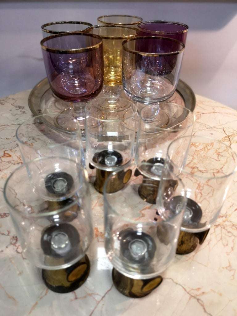 Set of Six Vintage Mid-Century Artisan Enameled Brass Liqueur Glasses, 1970s 2
