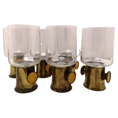 Set of Six Vintage Mid-Century Artisan Enameled Brass Liqueur Glasses, 1970s