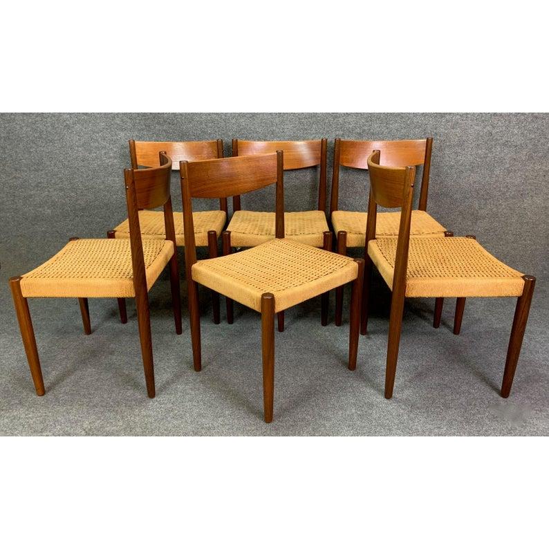 Scandinavian Modern Set of Six Vintage Midcentury Danish Modern Teak Dining Chairs by Poul Volther For Sale